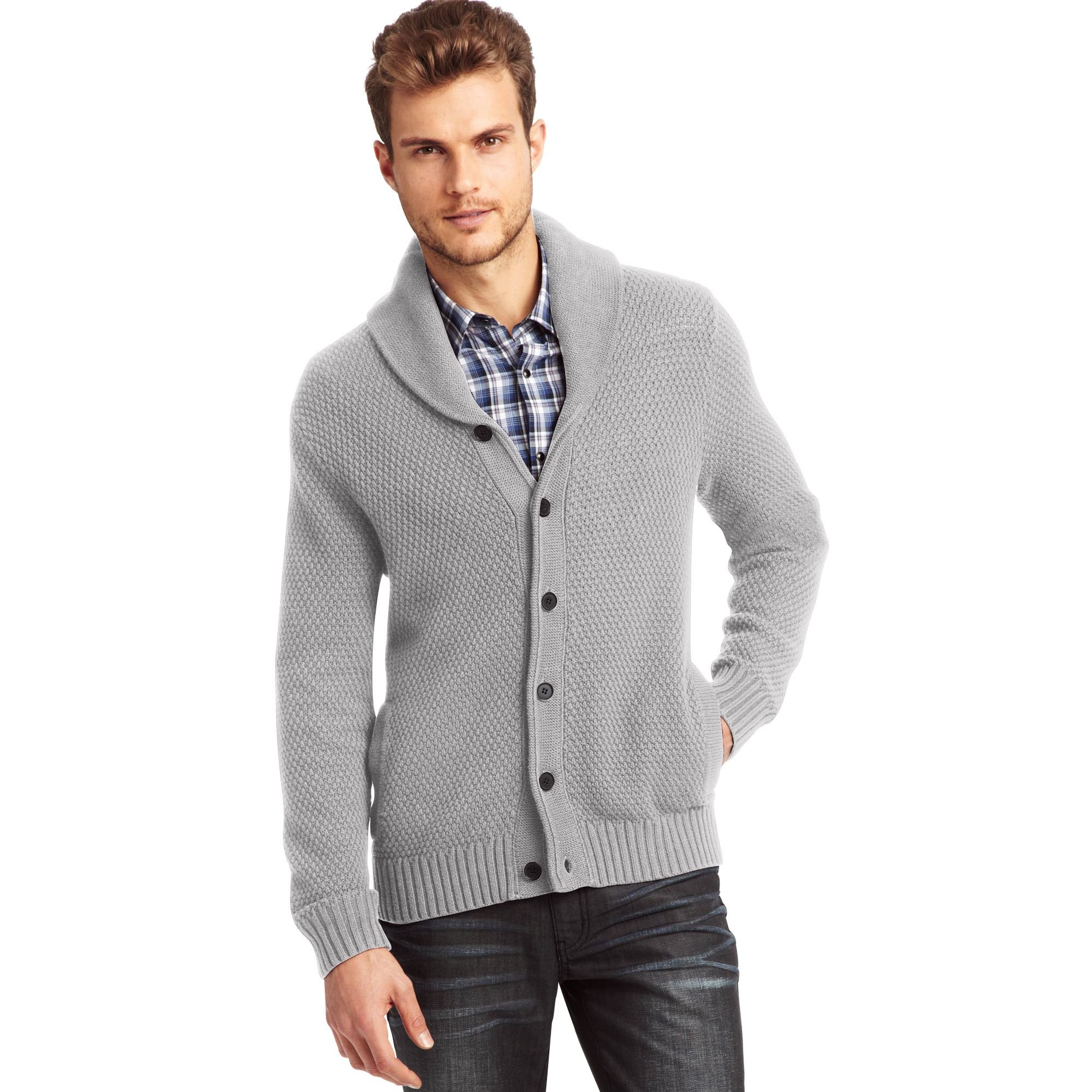 Kenneth Cole Long Sleeve Shawl Collar Cardigan Sweater in Gray for Men ...