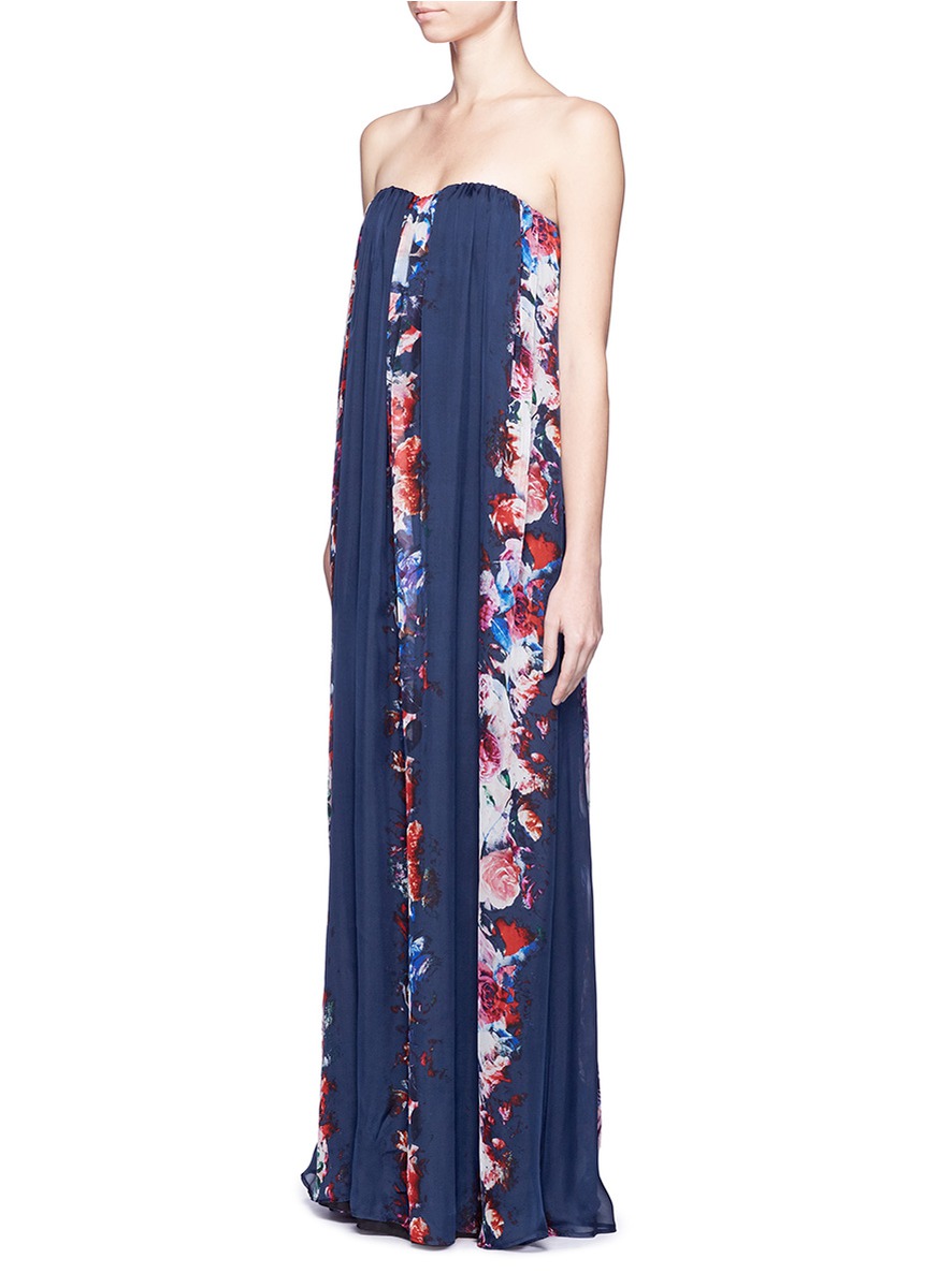 Lyst - Msgm Strapless Floral Printed Maxi Silk Dress in Blue