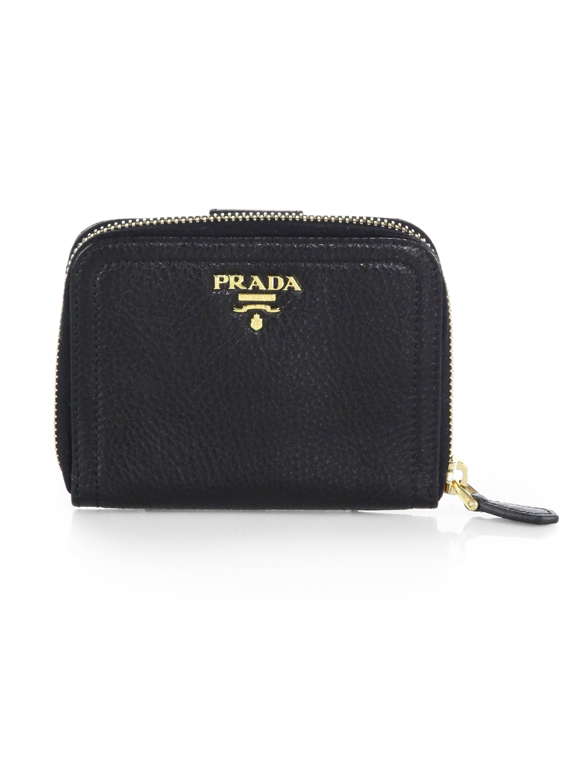 Prada Saffiano Leather Zip Around Mini Wallet in Black