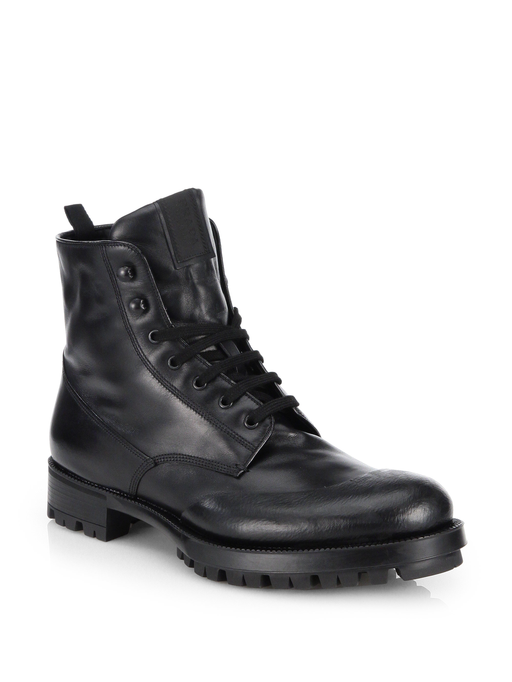 Prada Laceup Leather Combat Boots in Black for Men - Lyst