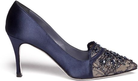 Rene Caovilla Embellished Pointtoe Satin Pumps in Blue (Blue and Green ...