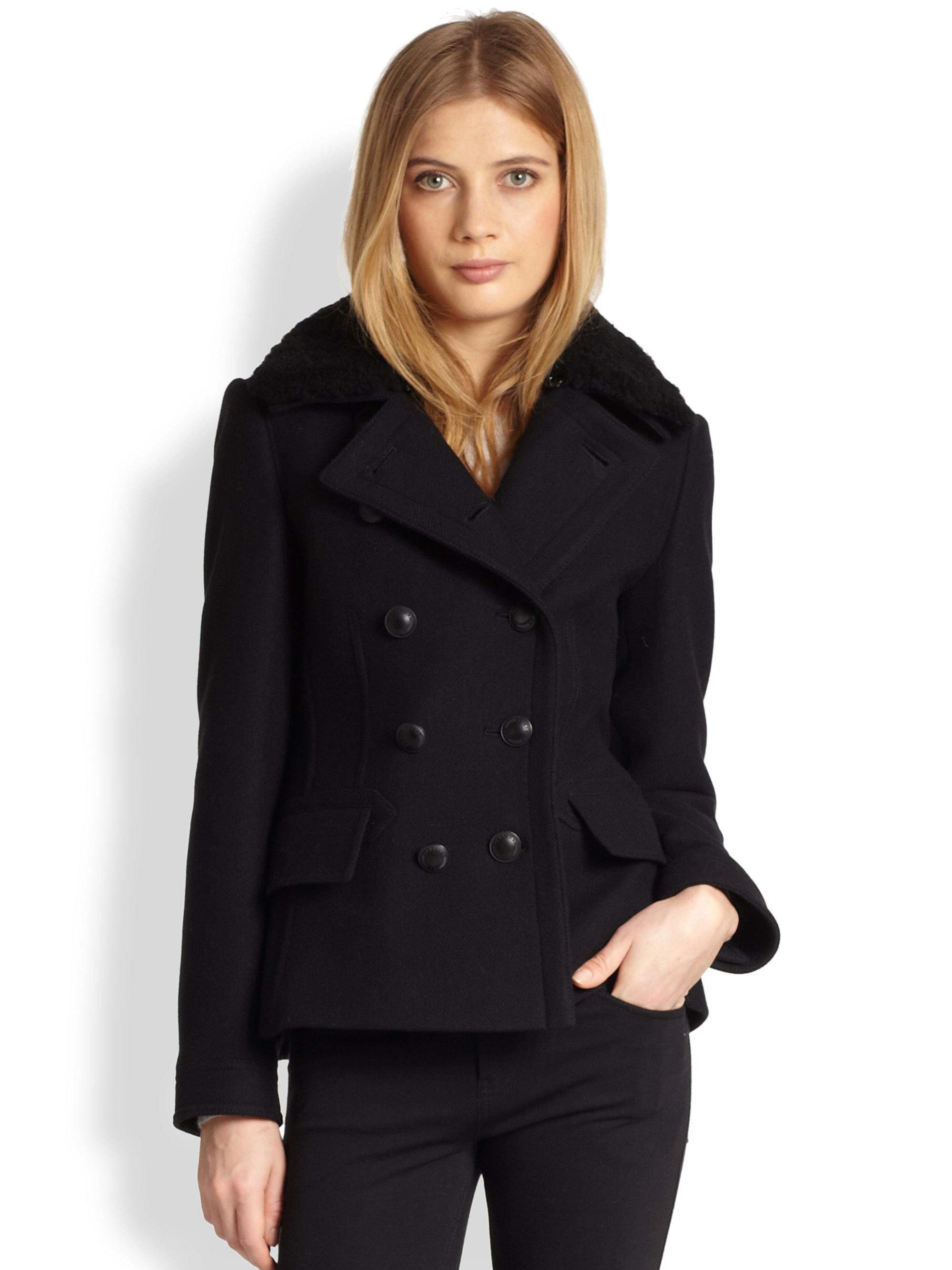 Lyst - Burberry brit Shearlingcollared Short Peacoat in Black