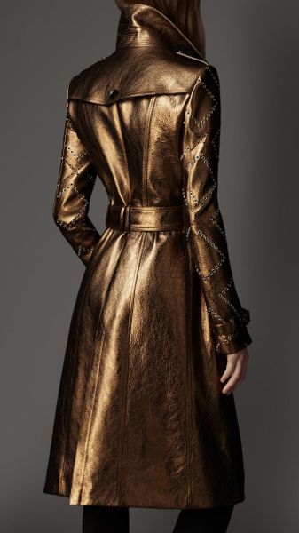 Burberry Long Eyelet Detail Metallic Leather Trench Coat in Gold ...