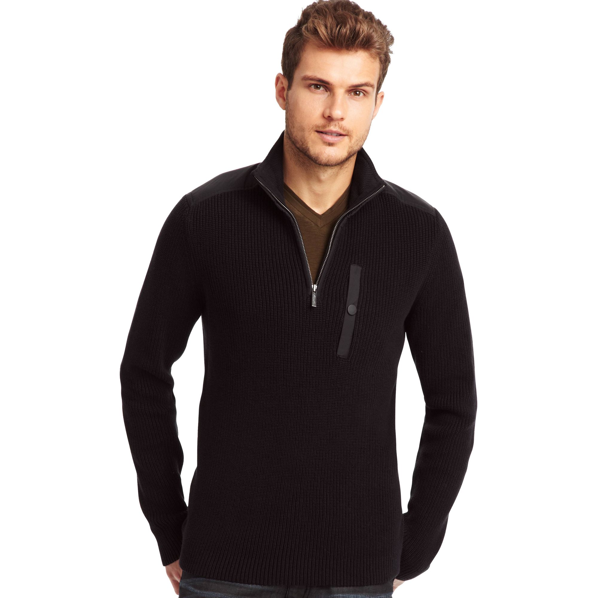 Kenneth Cole Long Sleeve Half Zipper Mock Neck Sweater in Black for Men ...