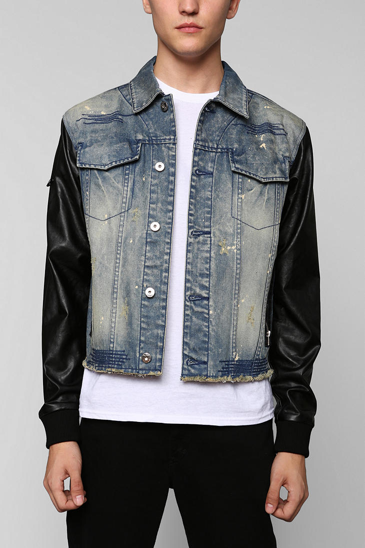 $24, Asos Denim Jacket With Faux Leather Sleeve  Leather sleeve jacket, Jean  jacket outfits men, Denim jacket men