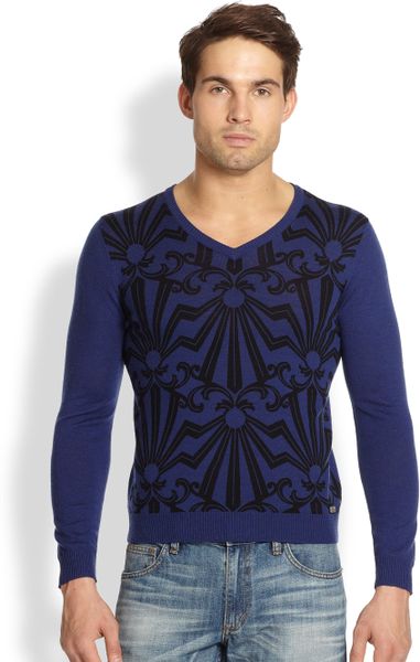 Versace Jeans Graphic Print V Neck Sweater in Blue for Men (DARK BLUE ...