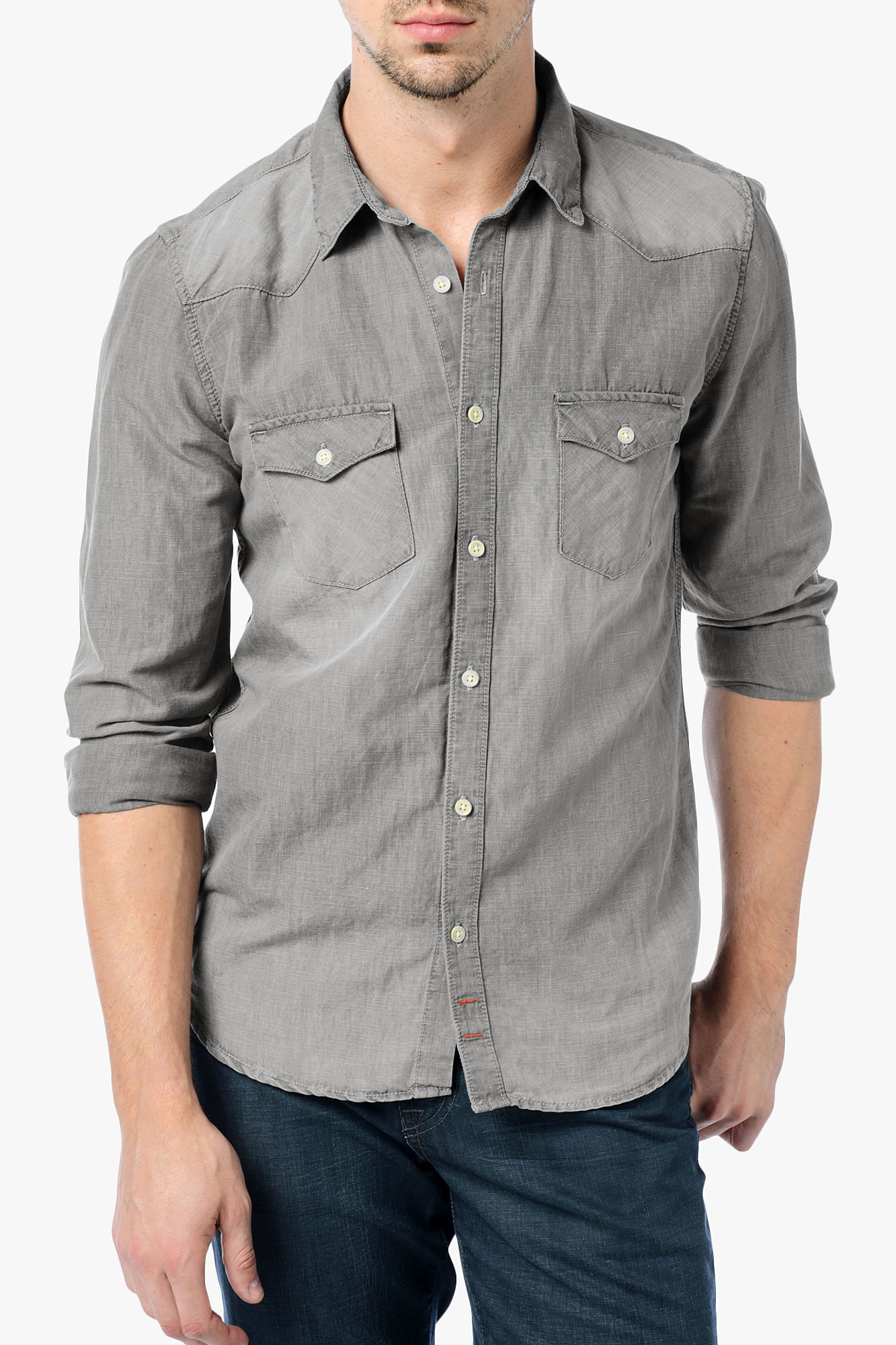 7 For All Mankind Western Shirt in Grey Chambray (Gray) for Men - Lyst