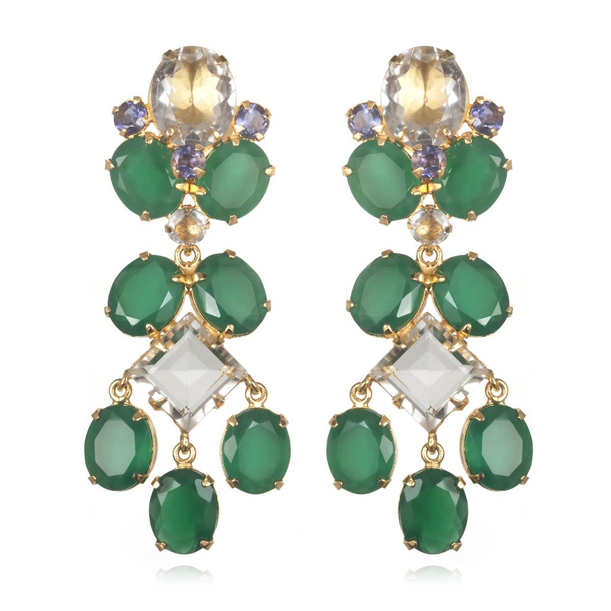 Bounkit Green Onyx Iolite Clear Quartz Chandelier Earrings in Green | Lyst