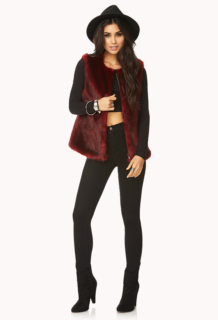 Lyst Forever 21 Edgy Faux Fur Vest in Red