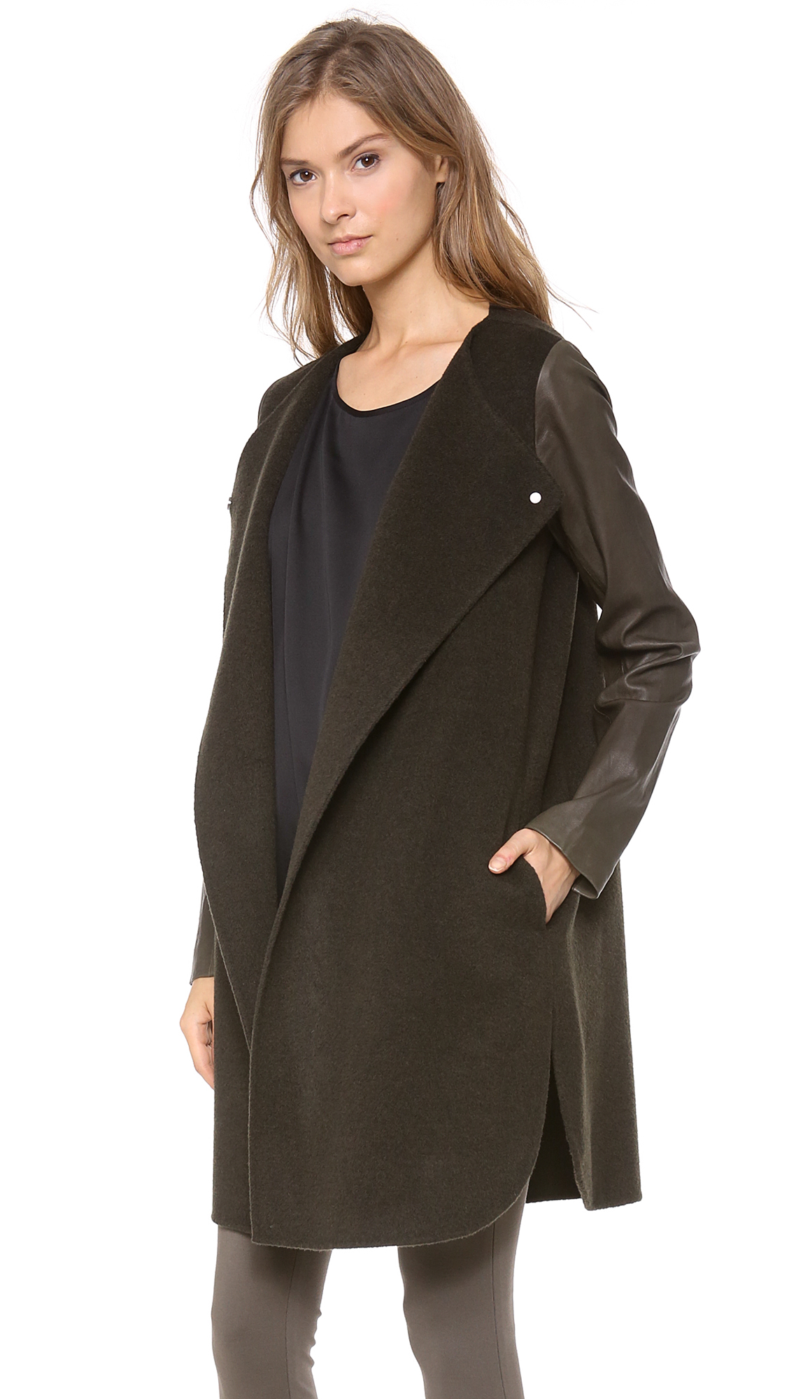Leather sleeve wool coat clearance