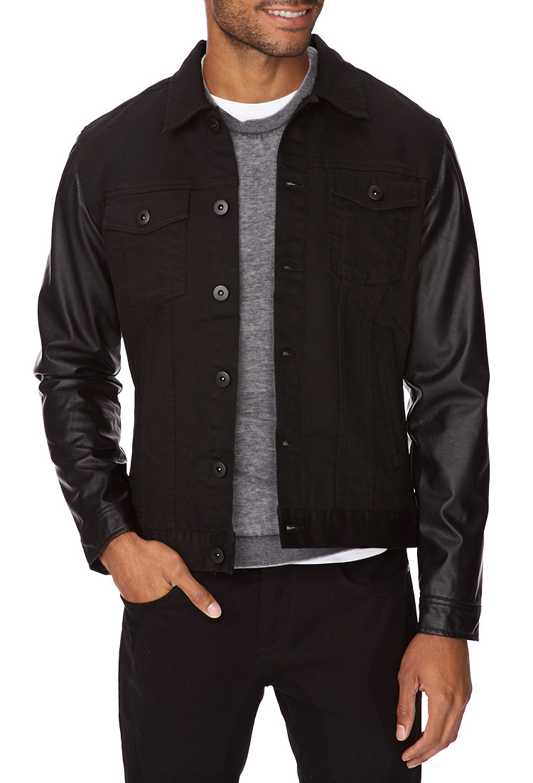 Forever 21 Denim Jacket W Faux Leather Sleeves In Black For Men Denim Jacket W Faux Leather Sleeves