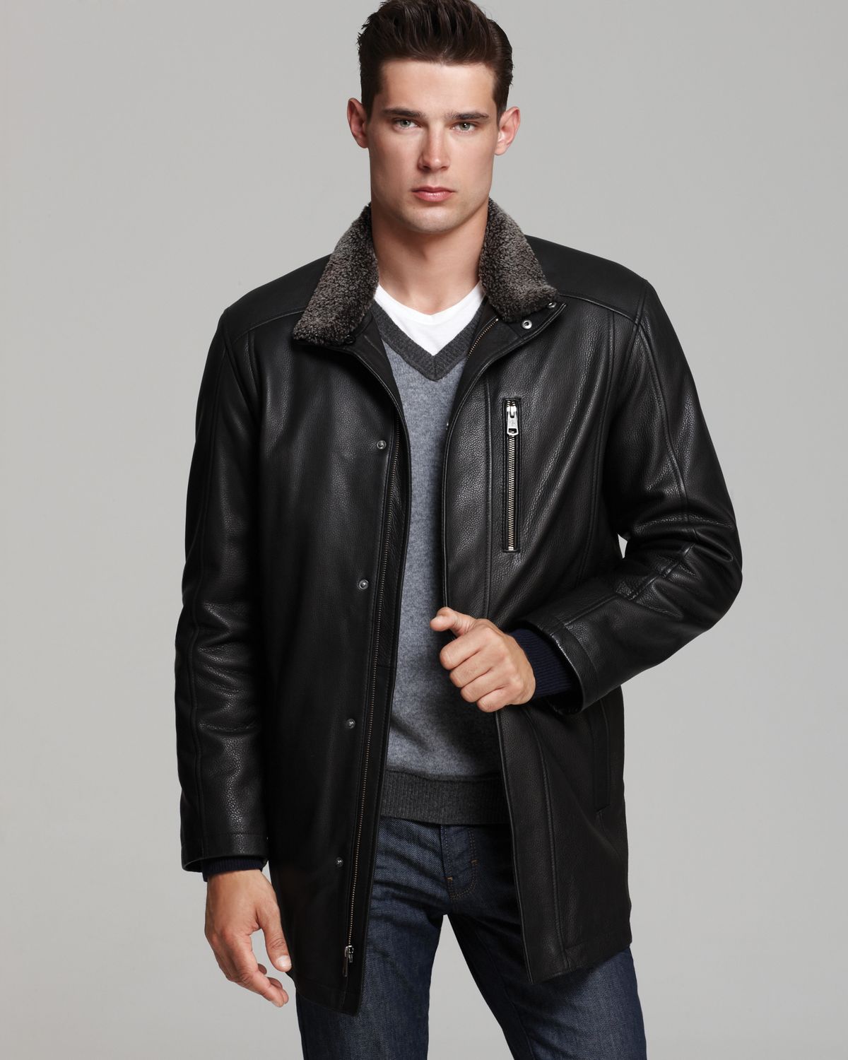 Cole Haan Leather Car Coat with Shearling Collar in Black for Men | Lyst