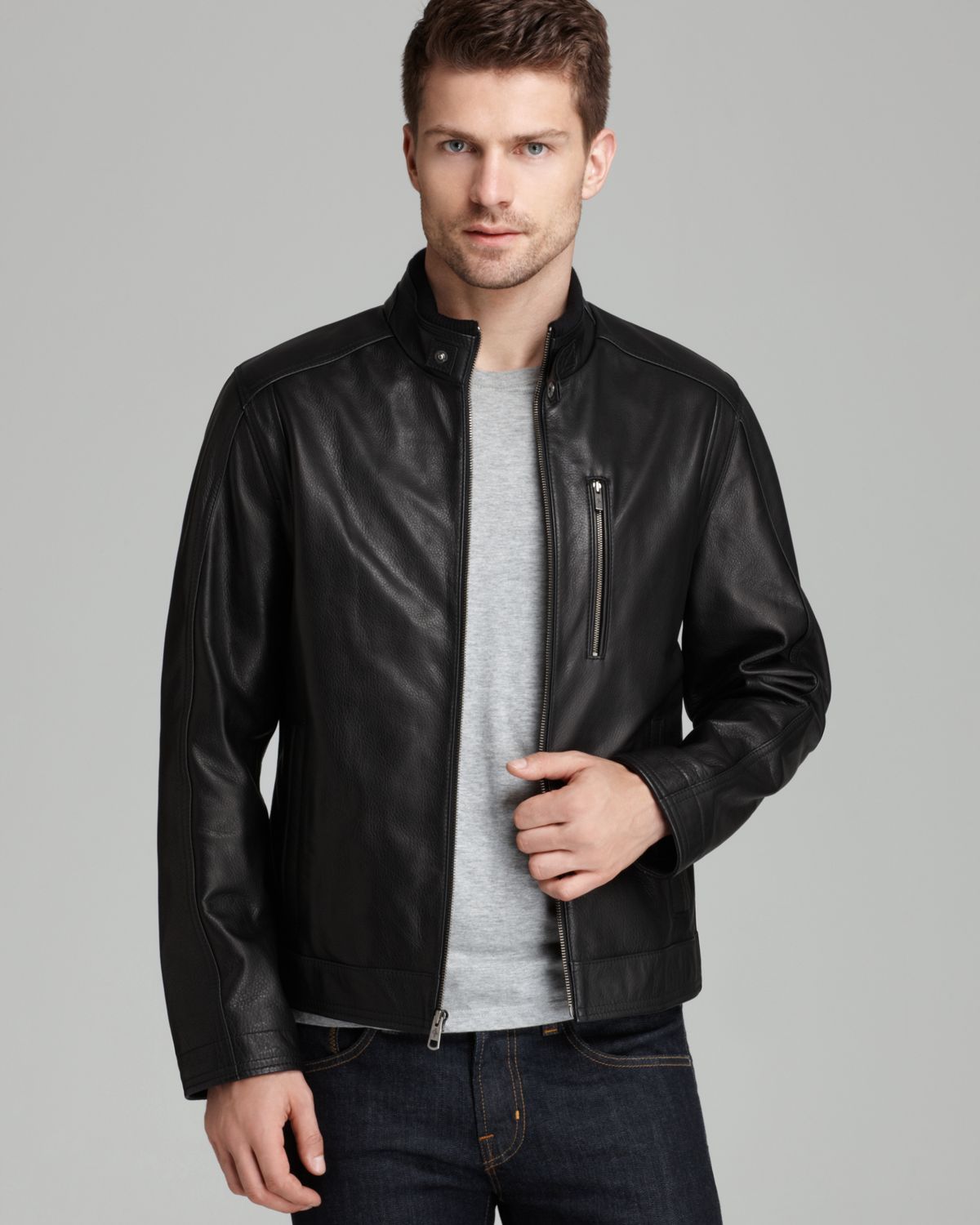 Cole Haan Black Pebbled Leather Moto Jacket For Men