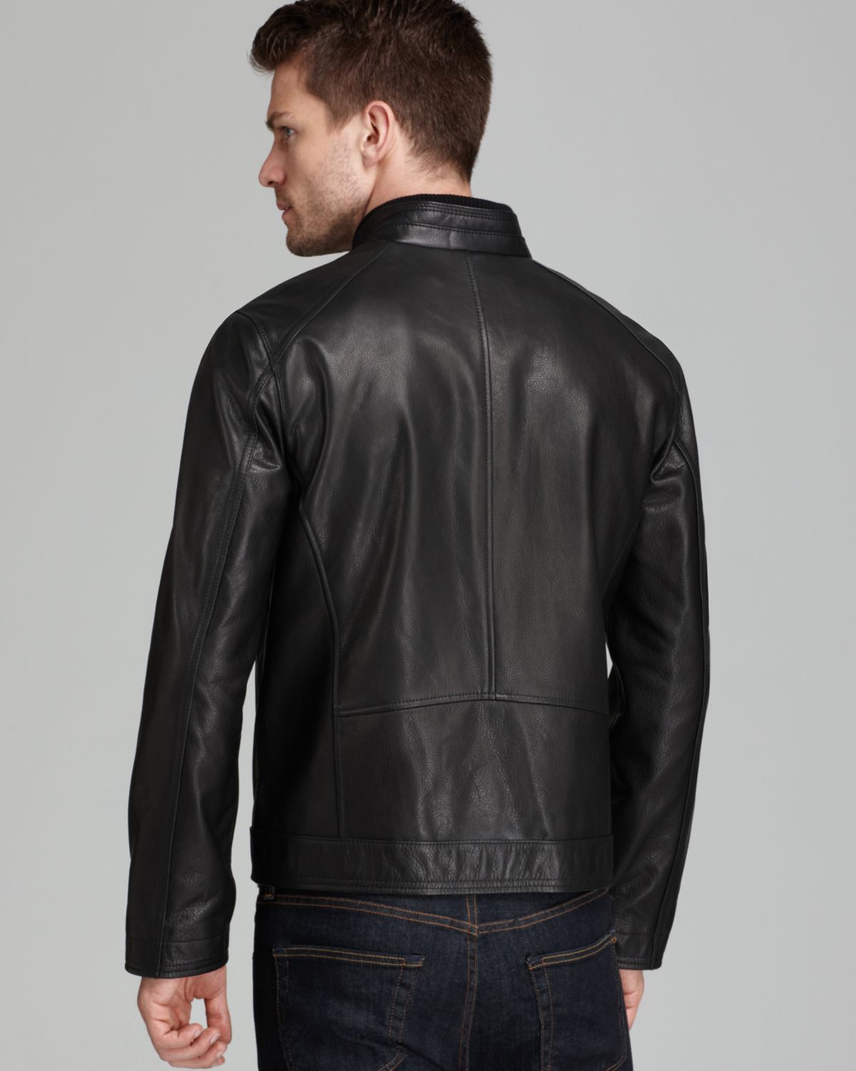 Cole Haan Black Pebbled Leather Moto Jacket For Men