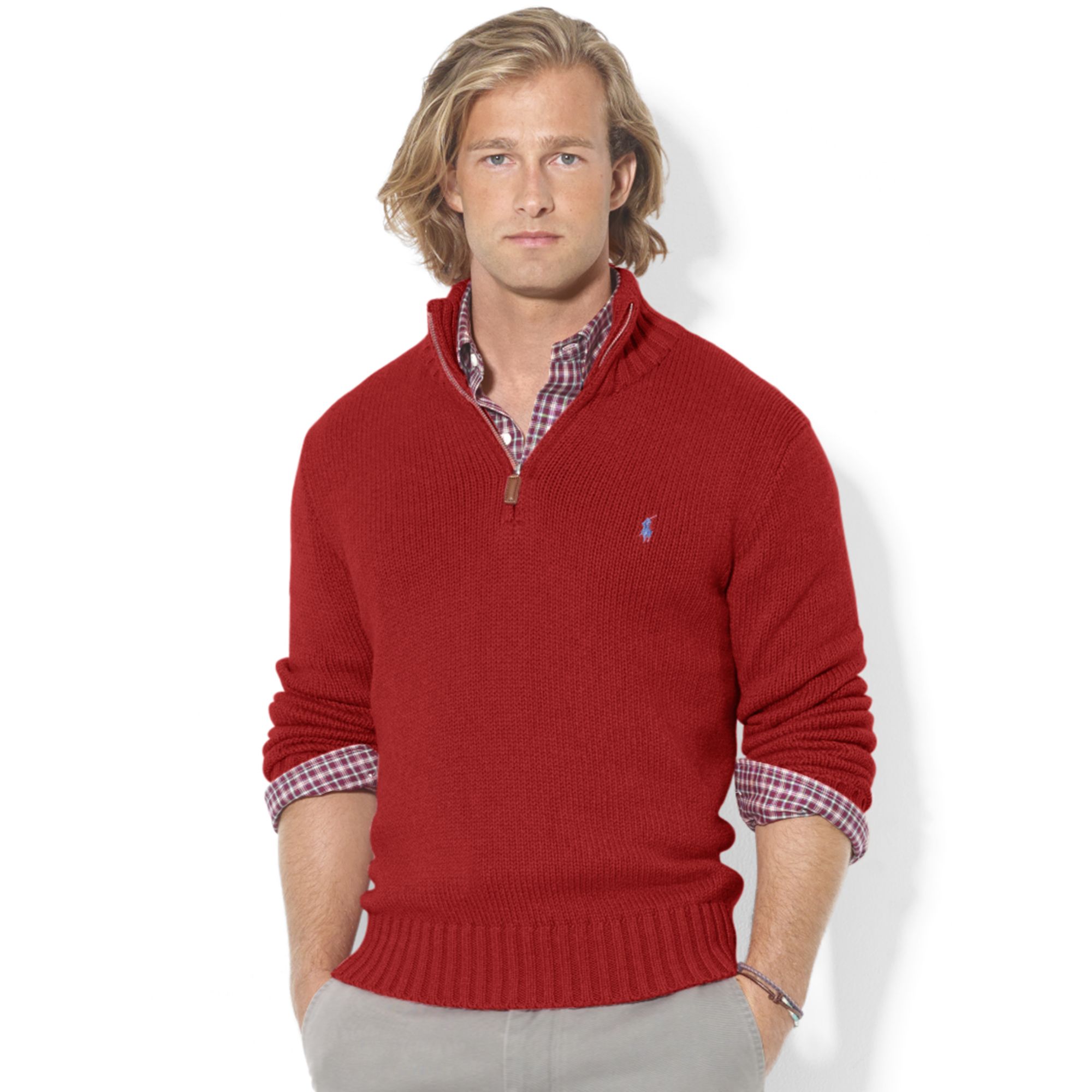 Polo ralph lauren High-Twist Cotton Half-Zip Mockneck Sweater in Red ...
