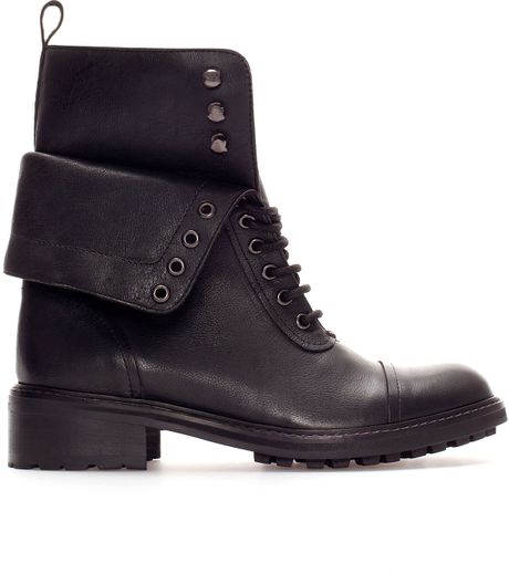 Zara Leather Ankle Boot with Turnover Flap in Black | Lyst