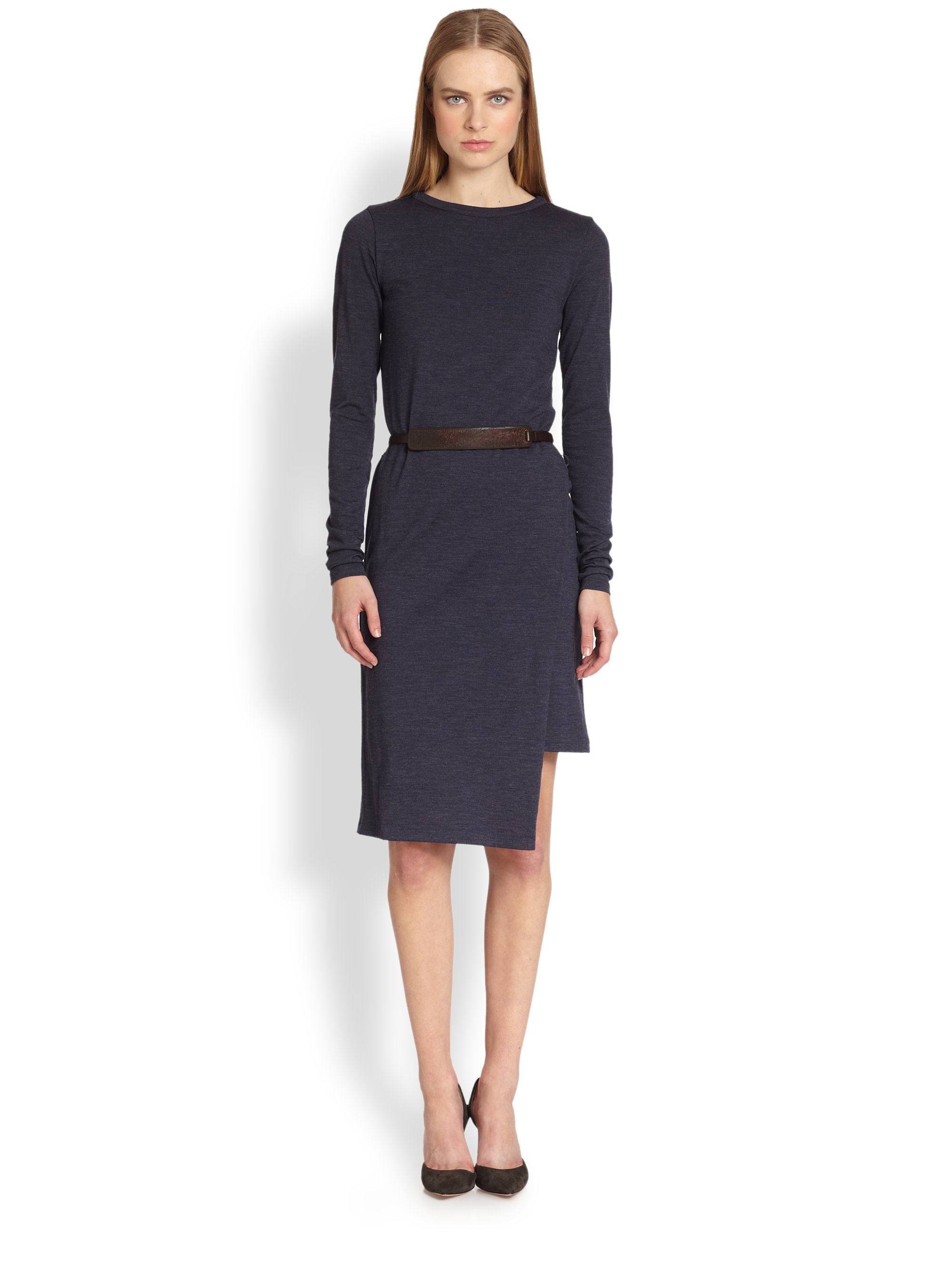 Lyst Brunello Cucinelli Wool Jersey Belted Dress in Blue