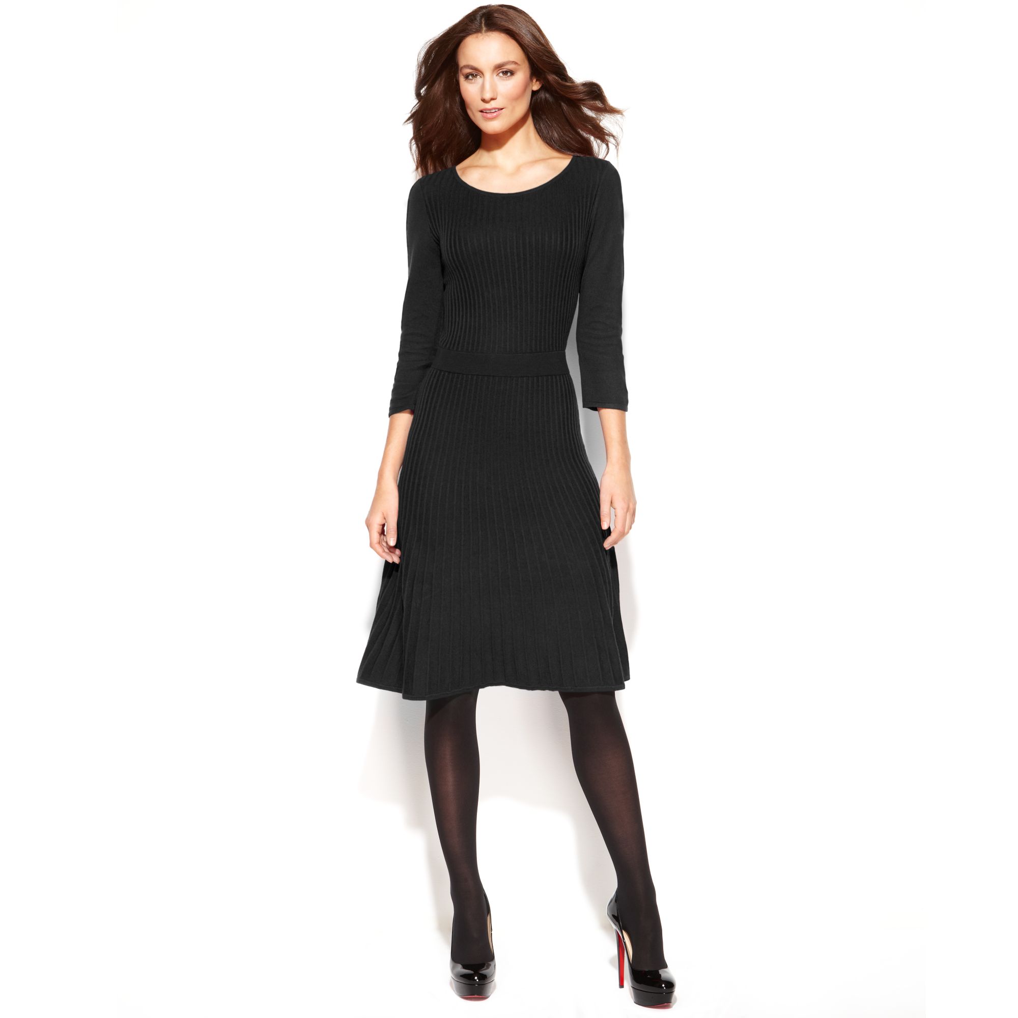 Lyst - Ellen tracy Threequartersleeve Pleated Sweater Dress in Black