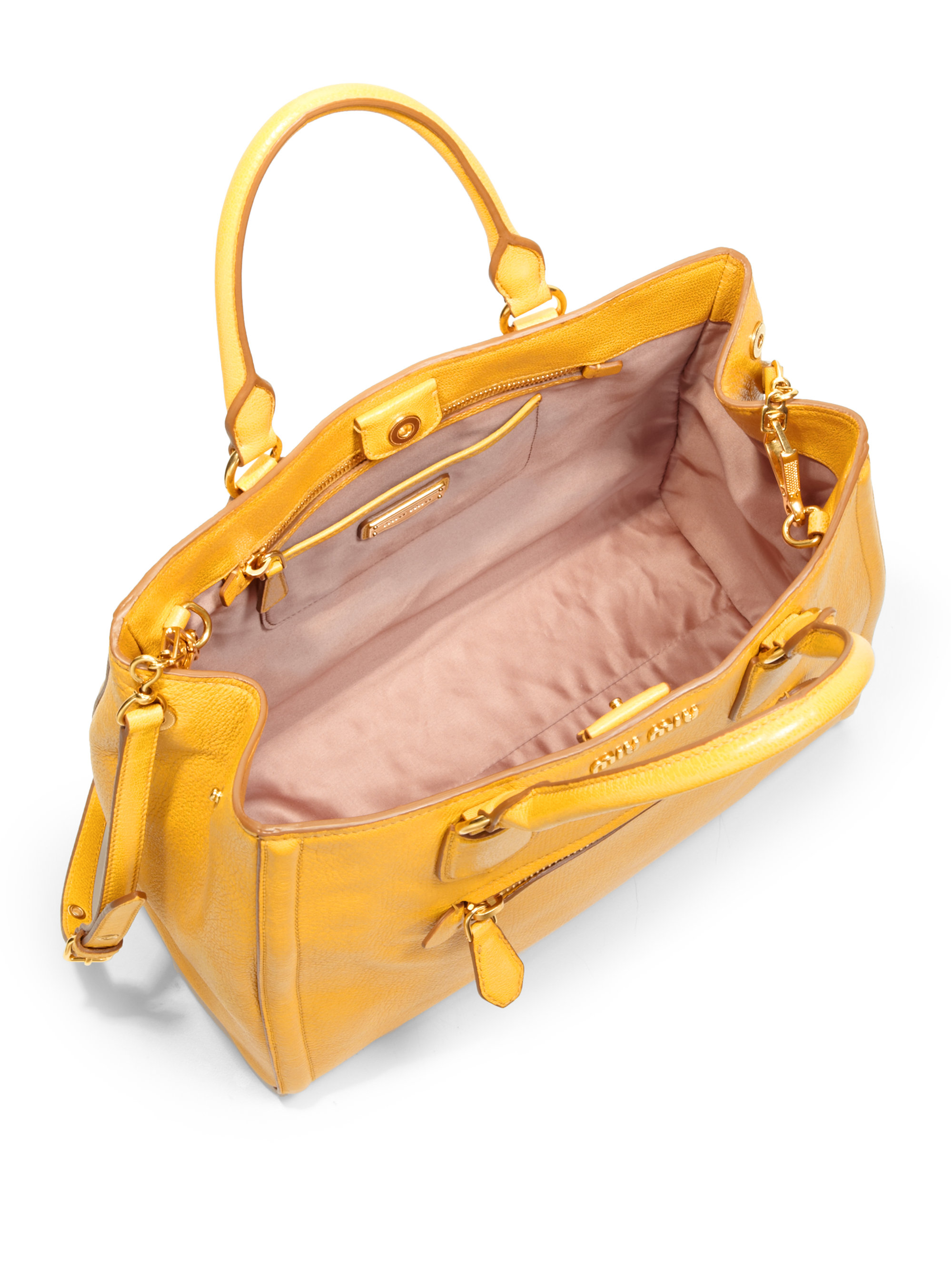 Miu Miu Madras Leather Pocket Tote in Yellow Lyst