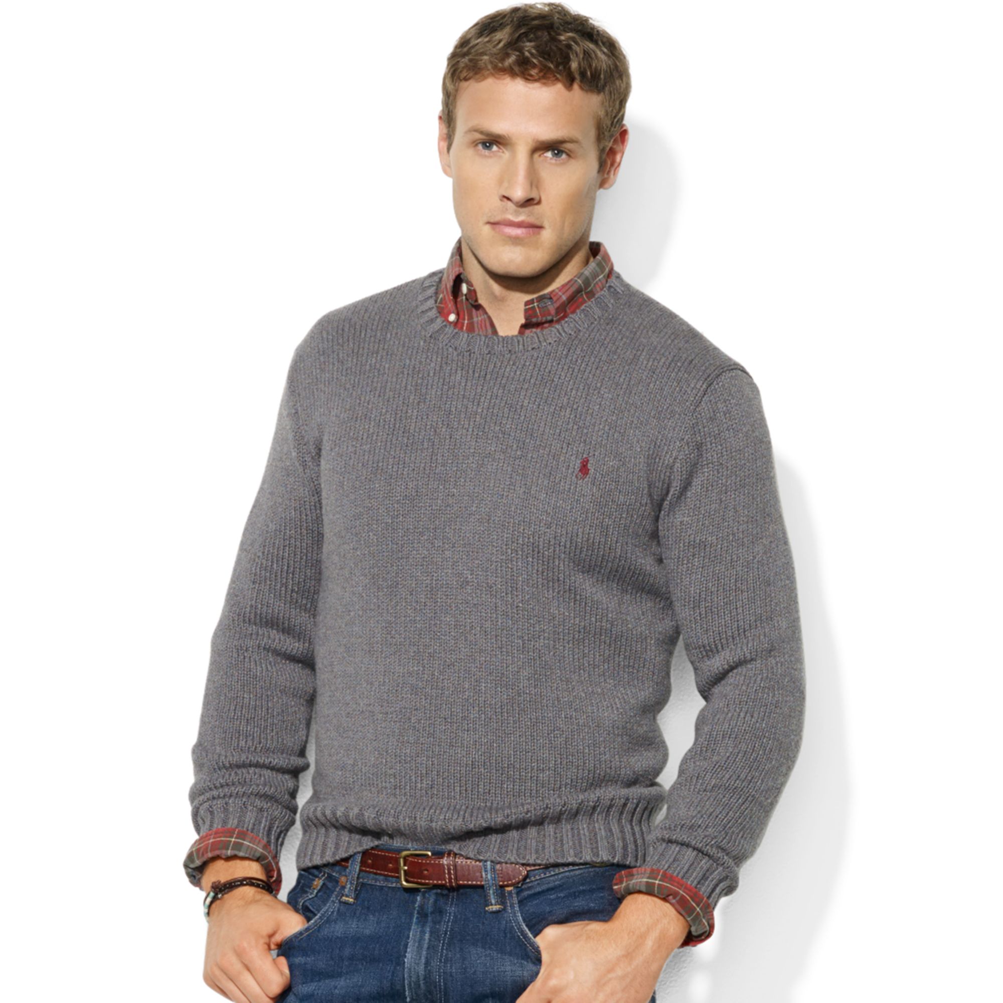 Ralph Lauren Crew Neck Cotton Sweater in Gray for Men | Lyst
