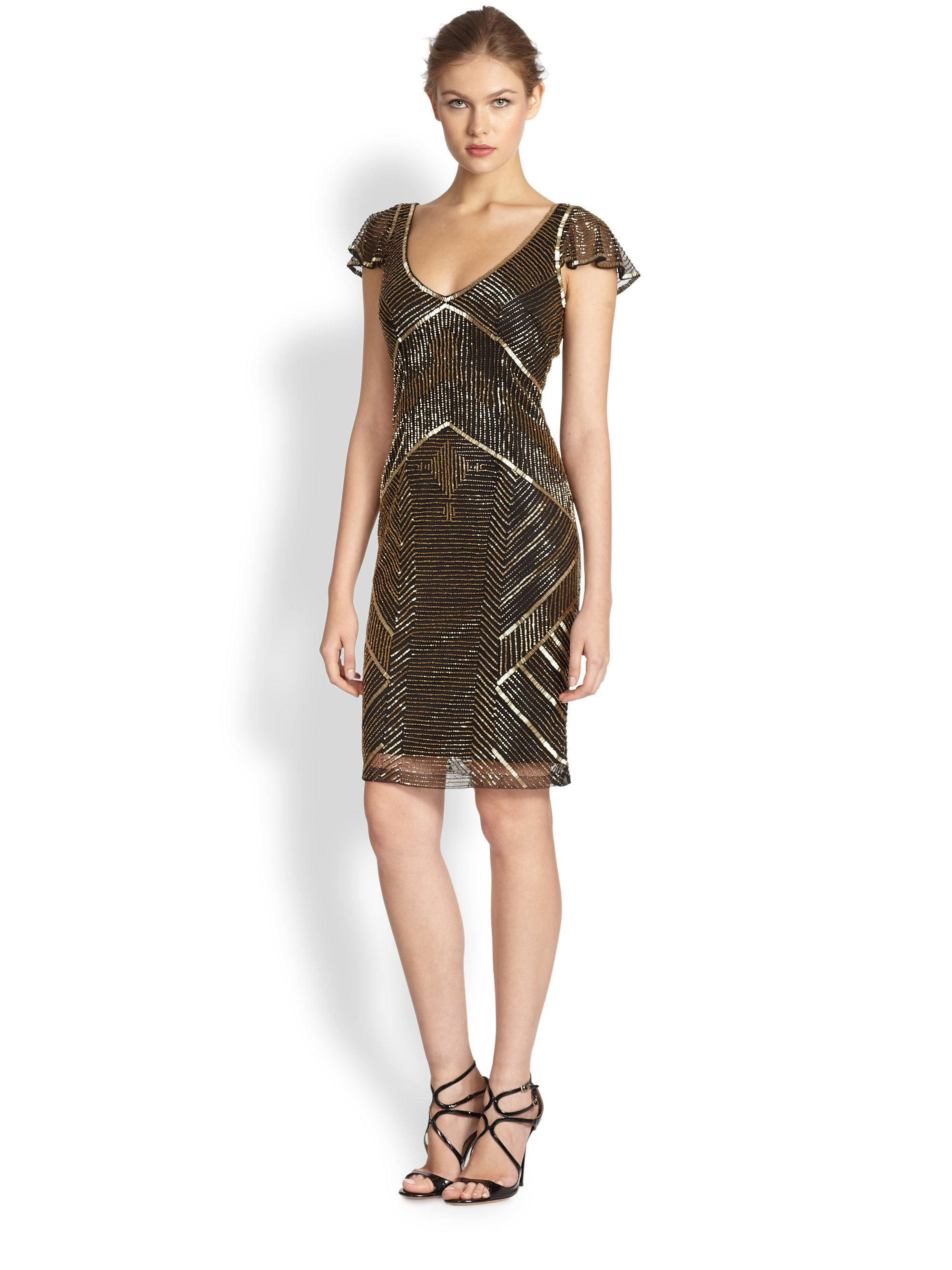 THEIA Metallic Beaded Cocktail Dress - Lyst