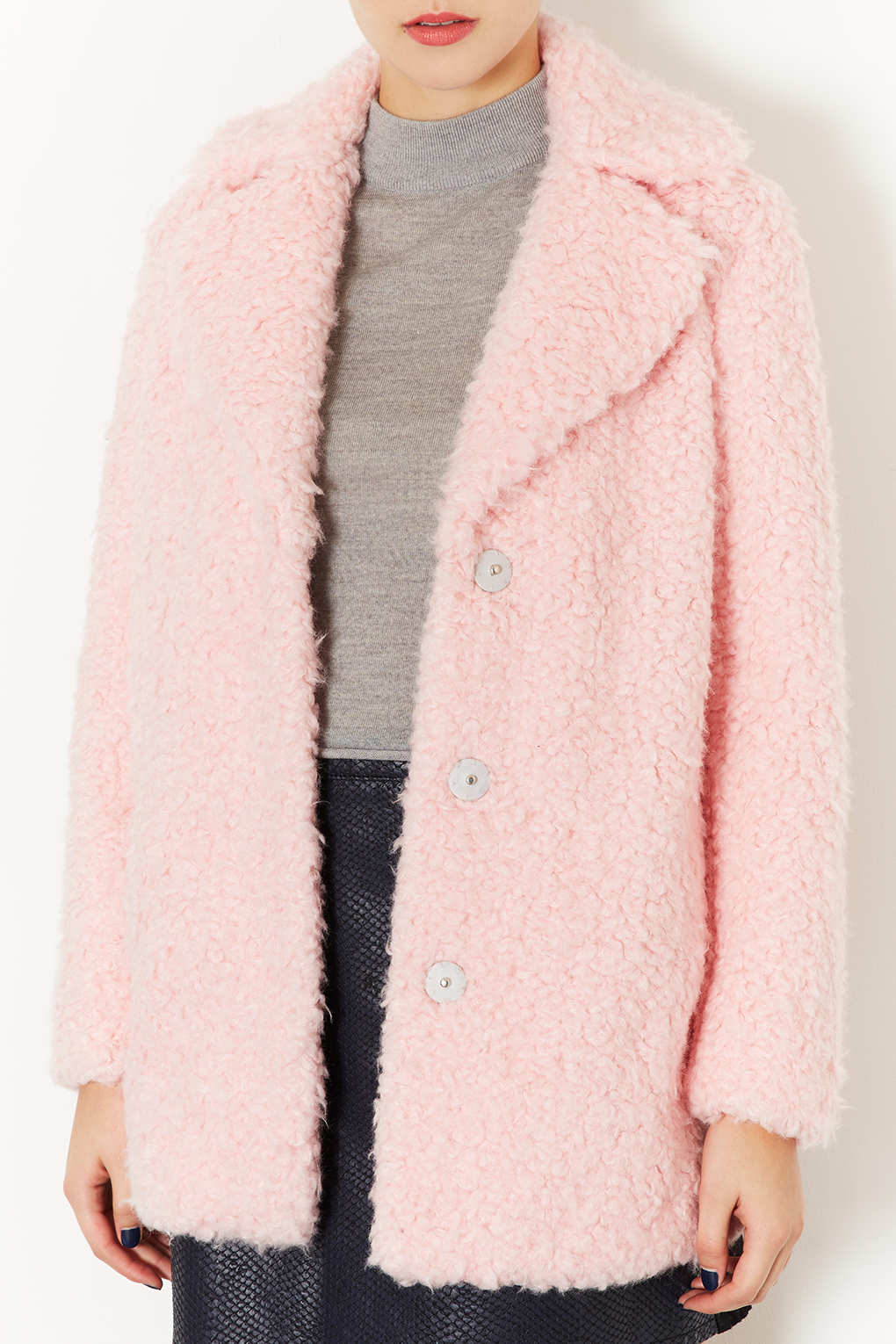 Lyst - Topshop Teddy Fur Pea Coat in Pink