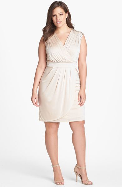 Vince Camuto Embellished Faux Wrap Dress in Beige (Champagne) | Lyst