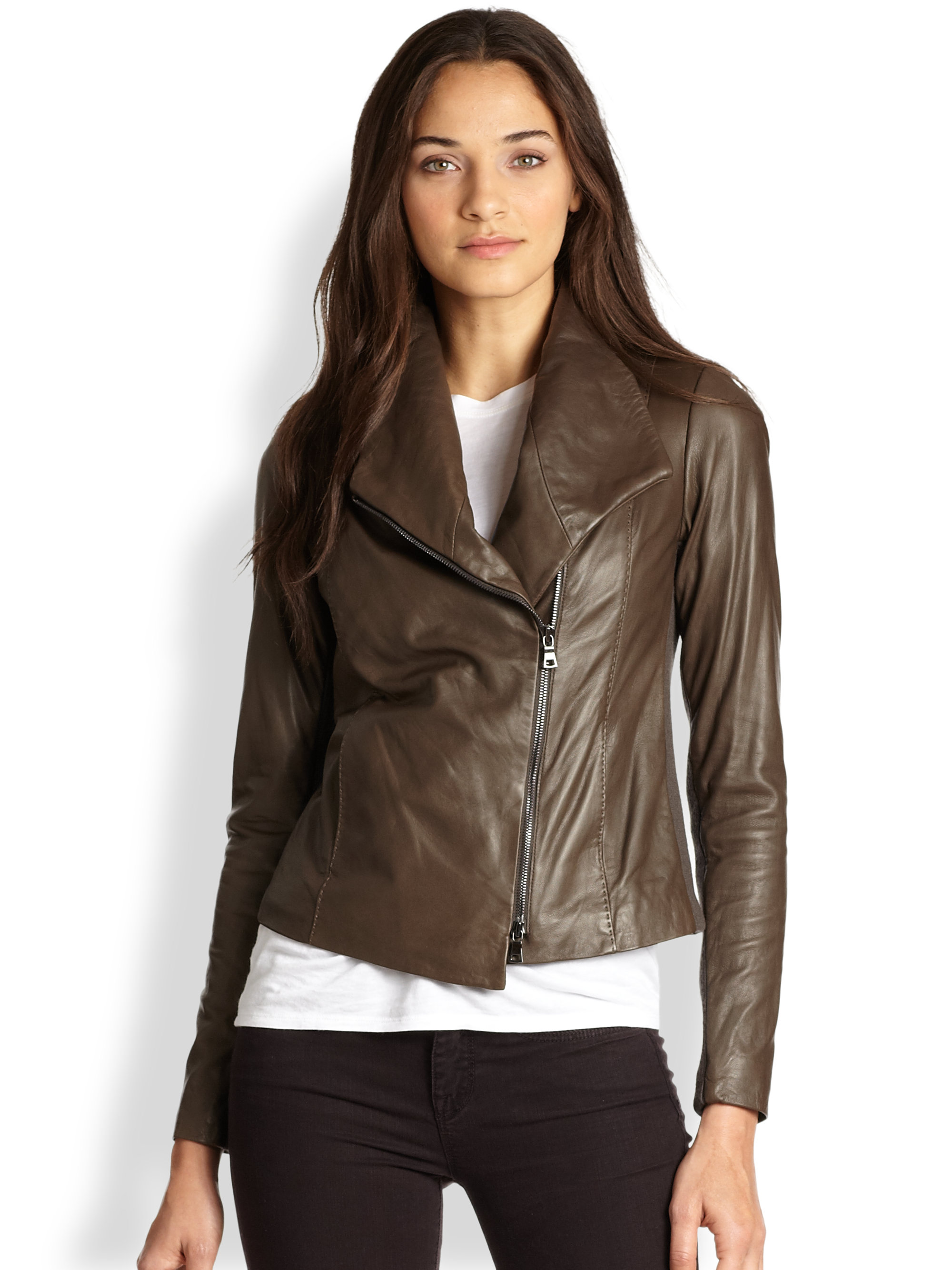 Vince Leather Ribbed Knit Scuba Jacket in Espresso (Brown) - Lyst