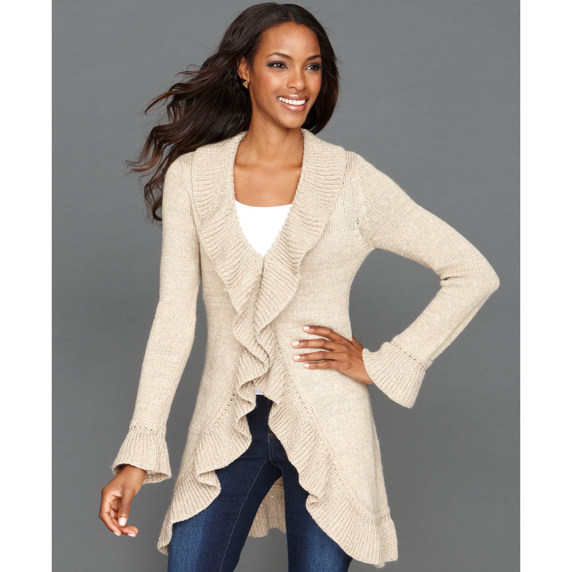 INC International Concepts Long Sleeve Sequin Knit Ruffle Cardigan in  Natural | Lyst