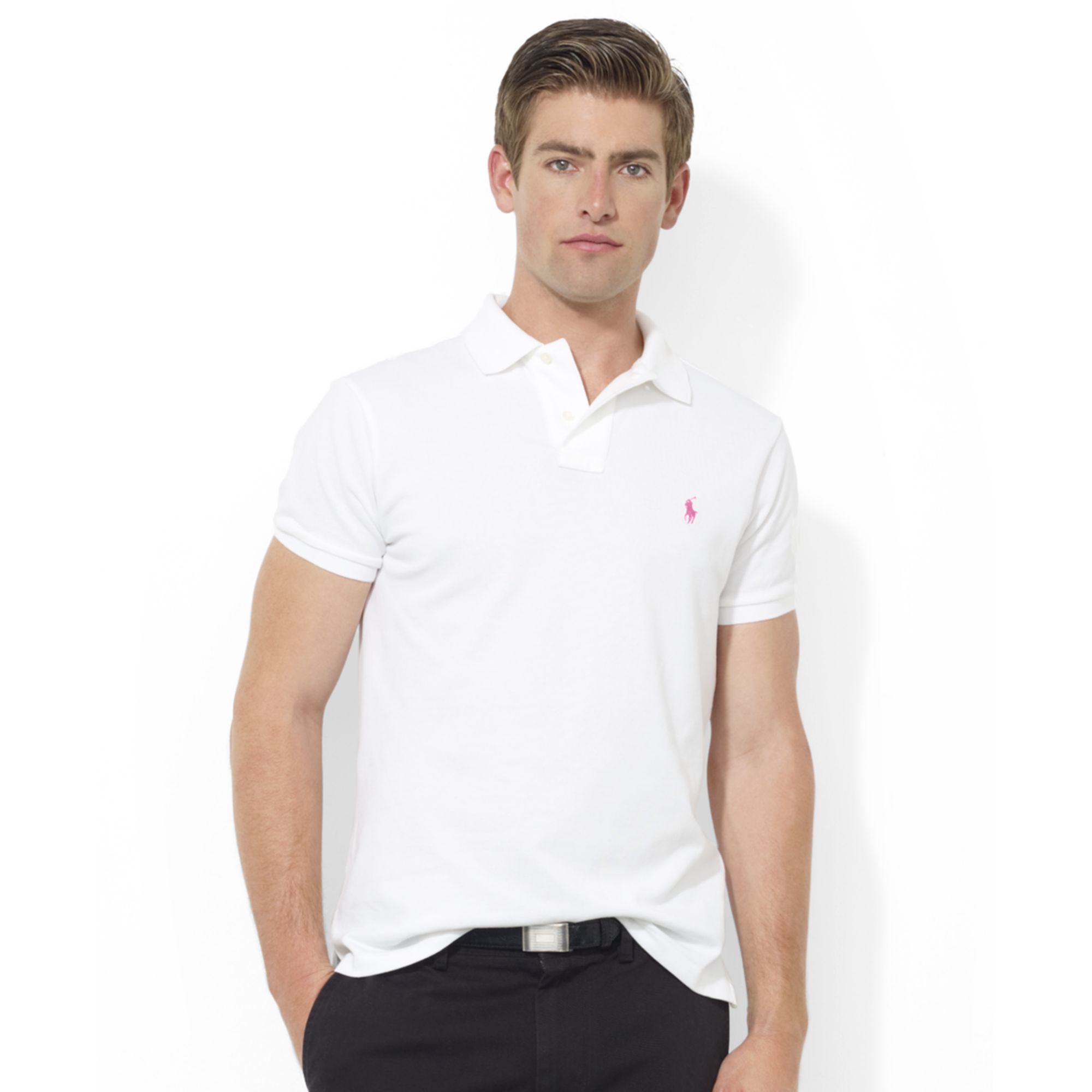 white polo shirt with pink horse