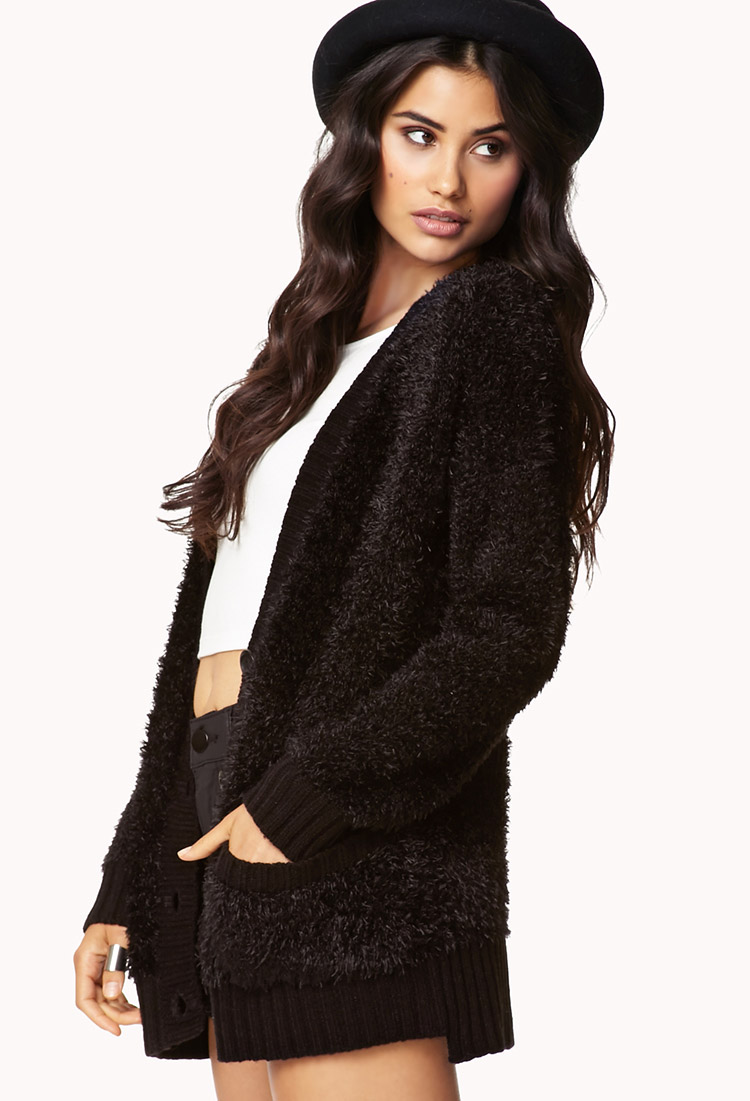 fuzzy black cardigan