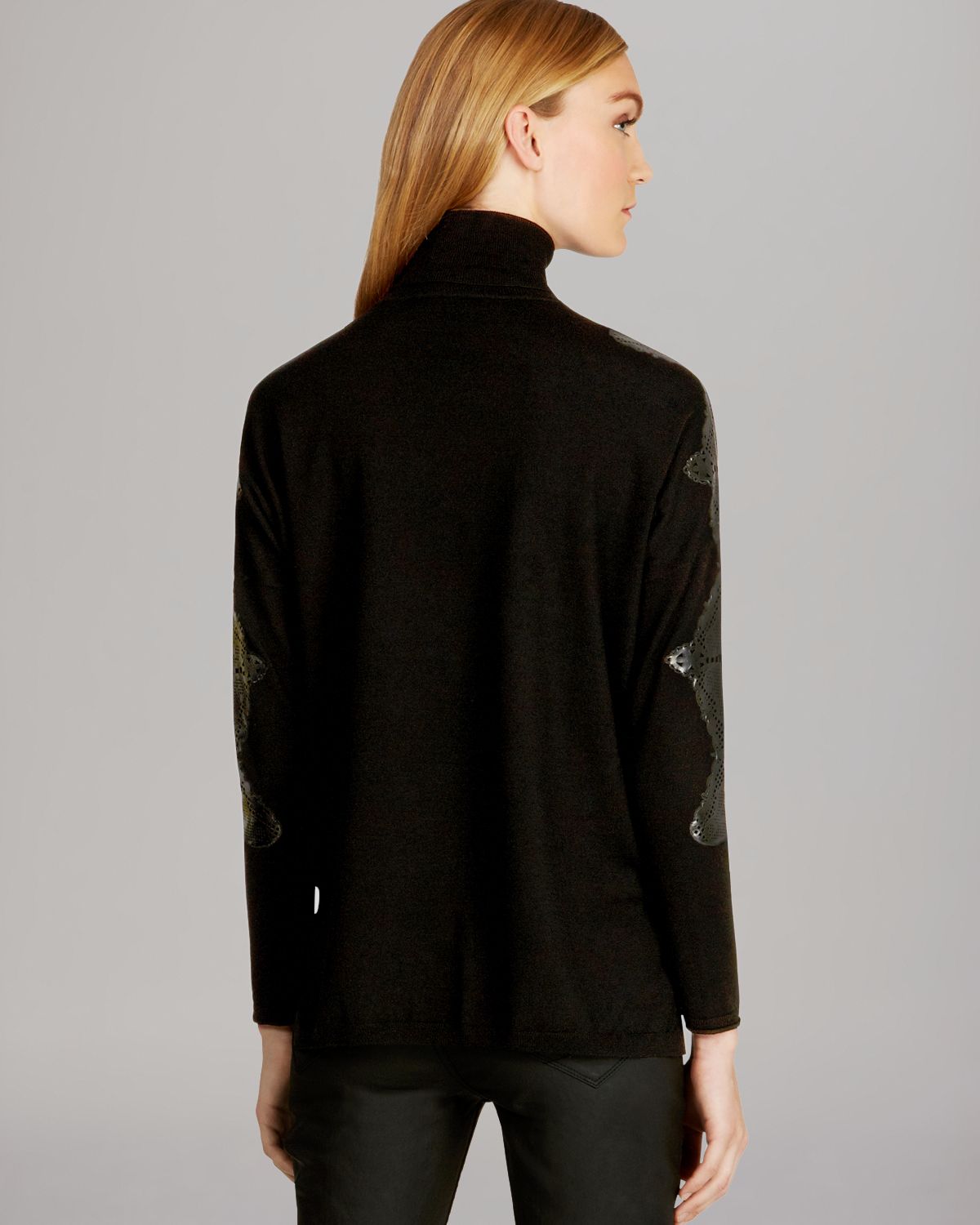 Karen Millen Faux Leather  Lace Knit Sweater  in Black  Lyst