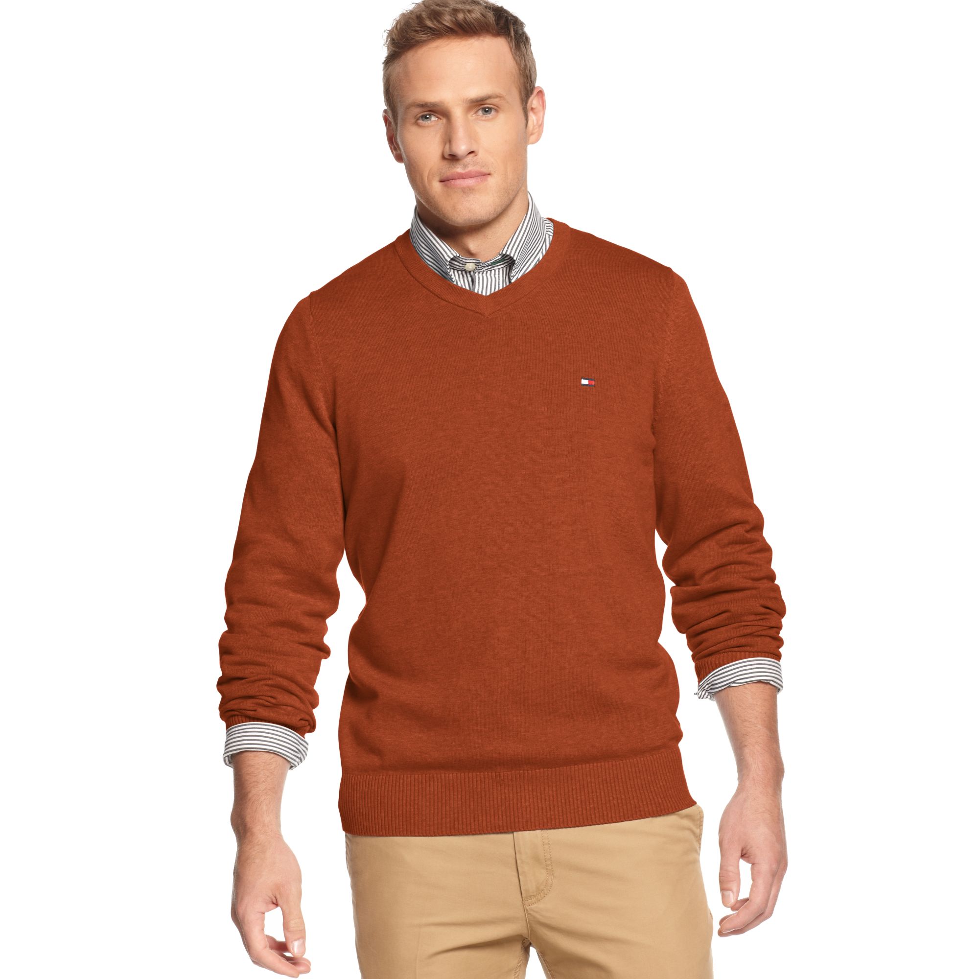 Tommy Hilfiger V-neck Taft Sweater in Orange for Men (Racing Orange ...