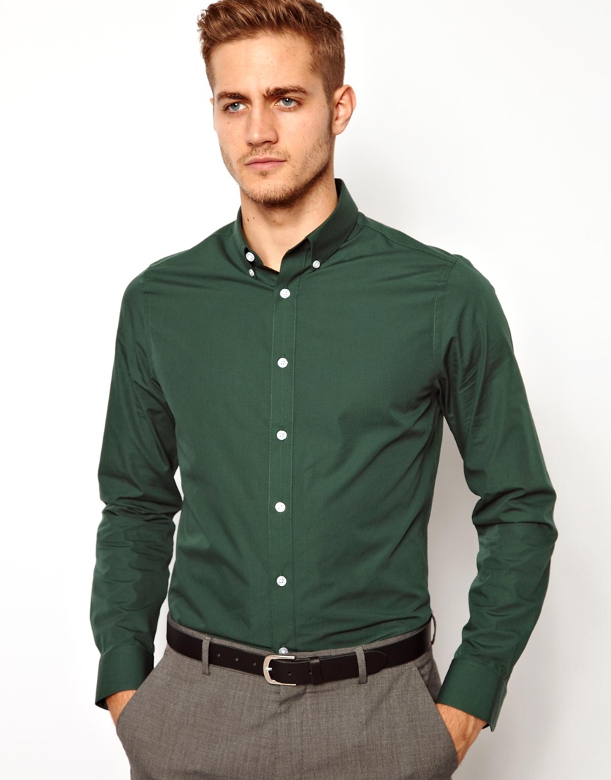 Lyst - Asos Smart Shirt in Long Sleeve with Button Down Collar in Green ...