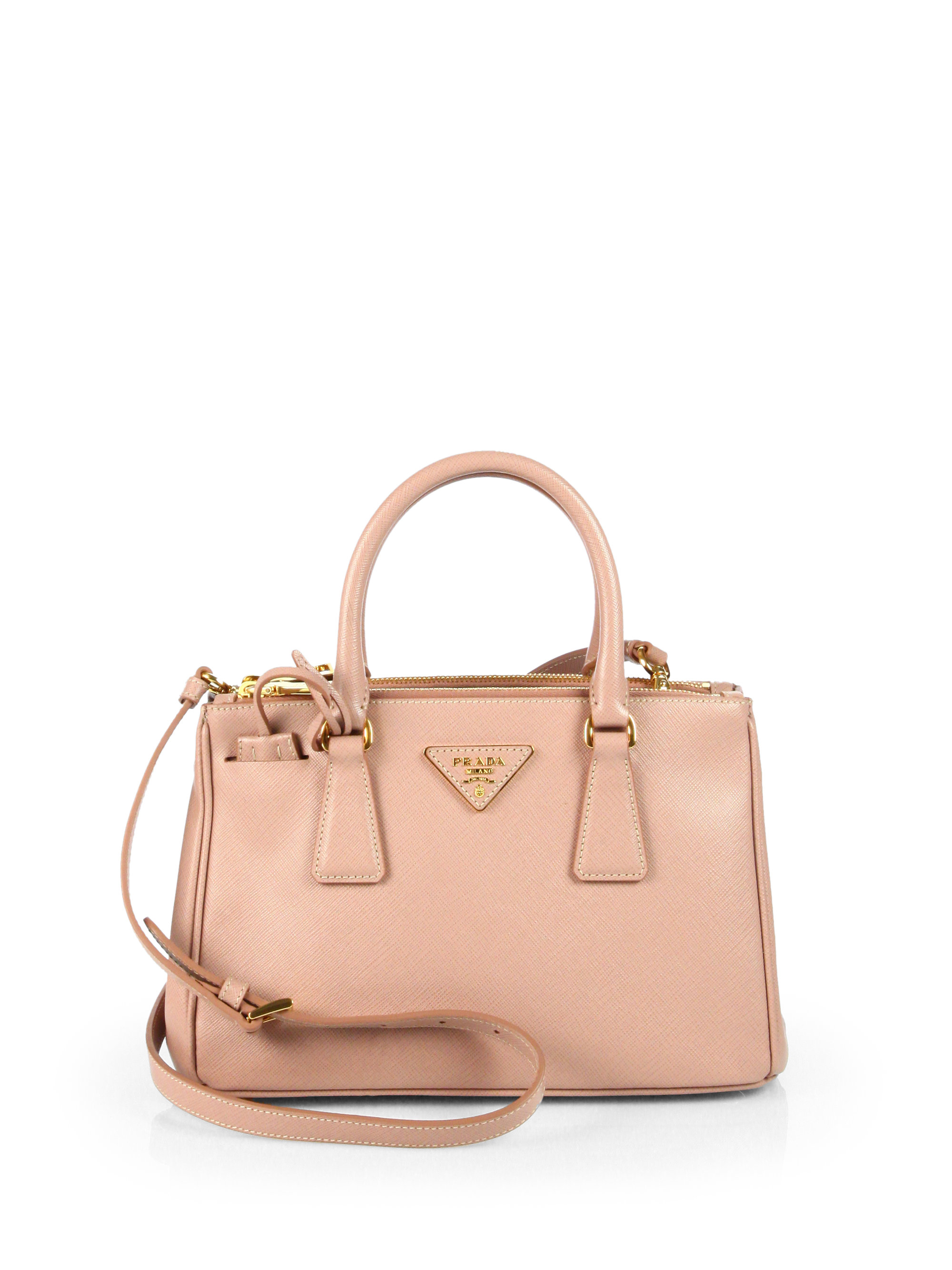 Prada Saffiano Lux Small Double-Zip Tote Bag in Beige (PINK) | Lyst