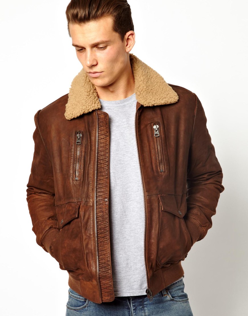 ASOS Wrangler Leather Jacket Sherpa Collar in Brown for Men | Lyst