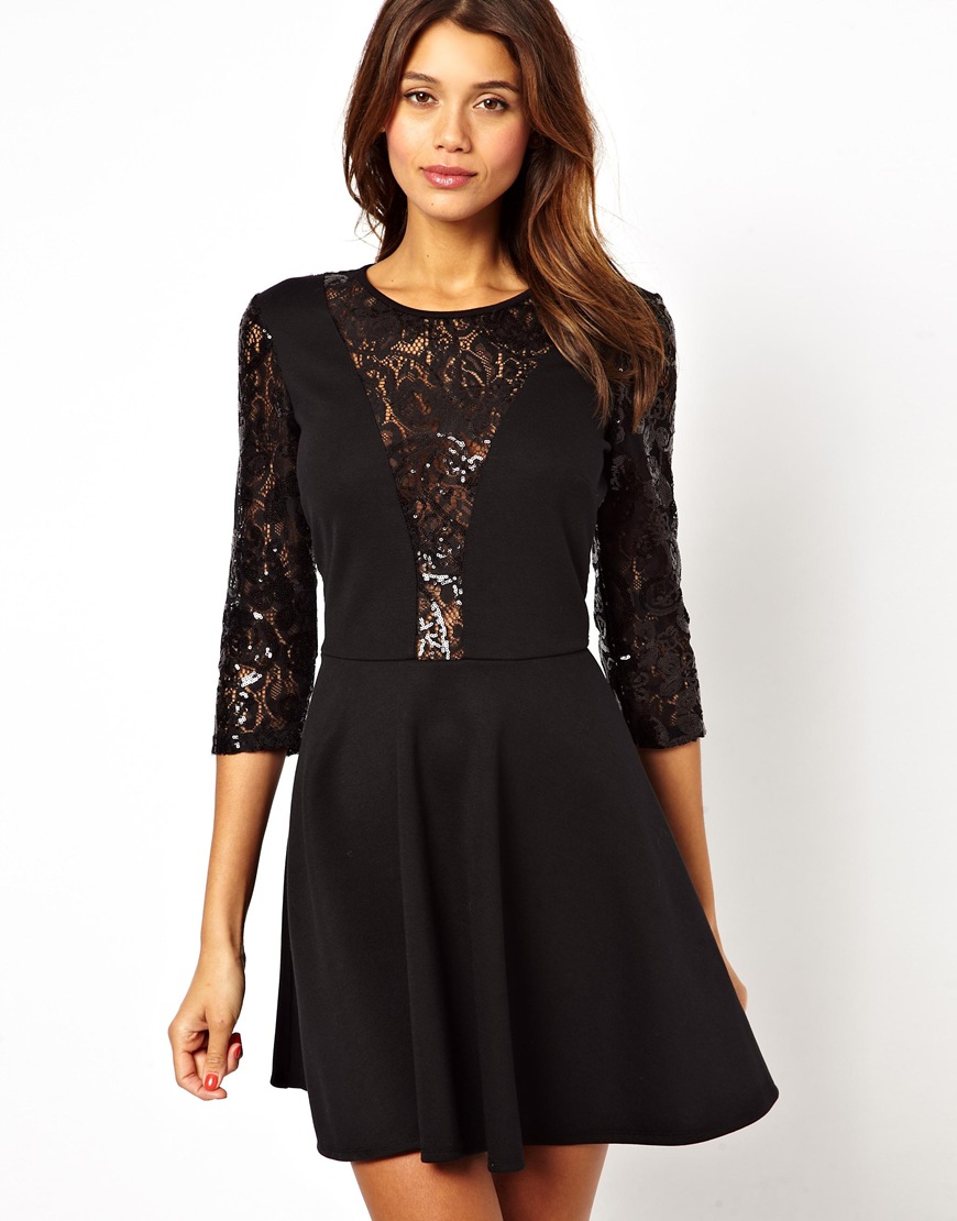 black lace skater dress with sleeves