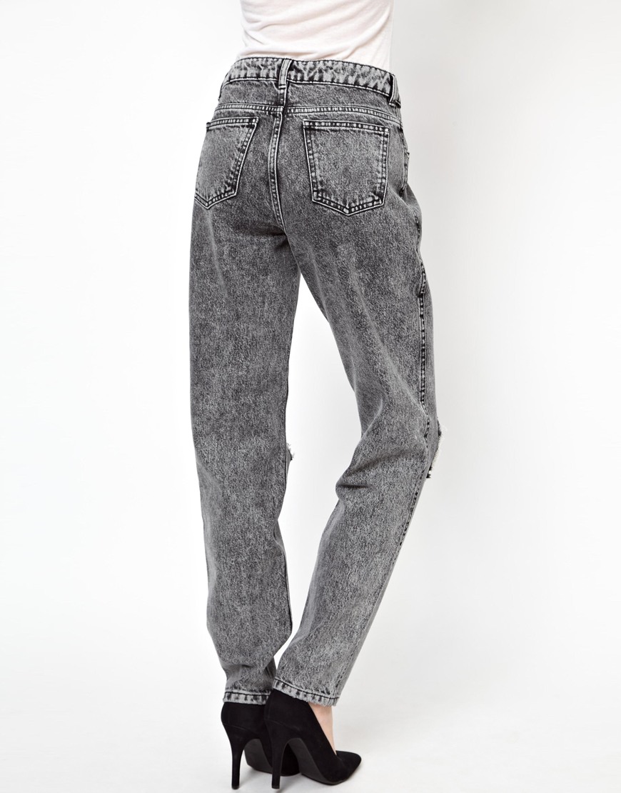 Lyst - Asos Mom Jeans In Acid Wash Grey With Busted Knees in Gray