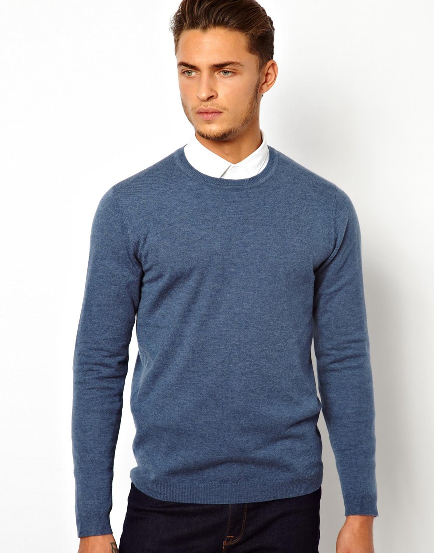 Lyst - Asos Merino Crew Neck Sweater in Blue for Men