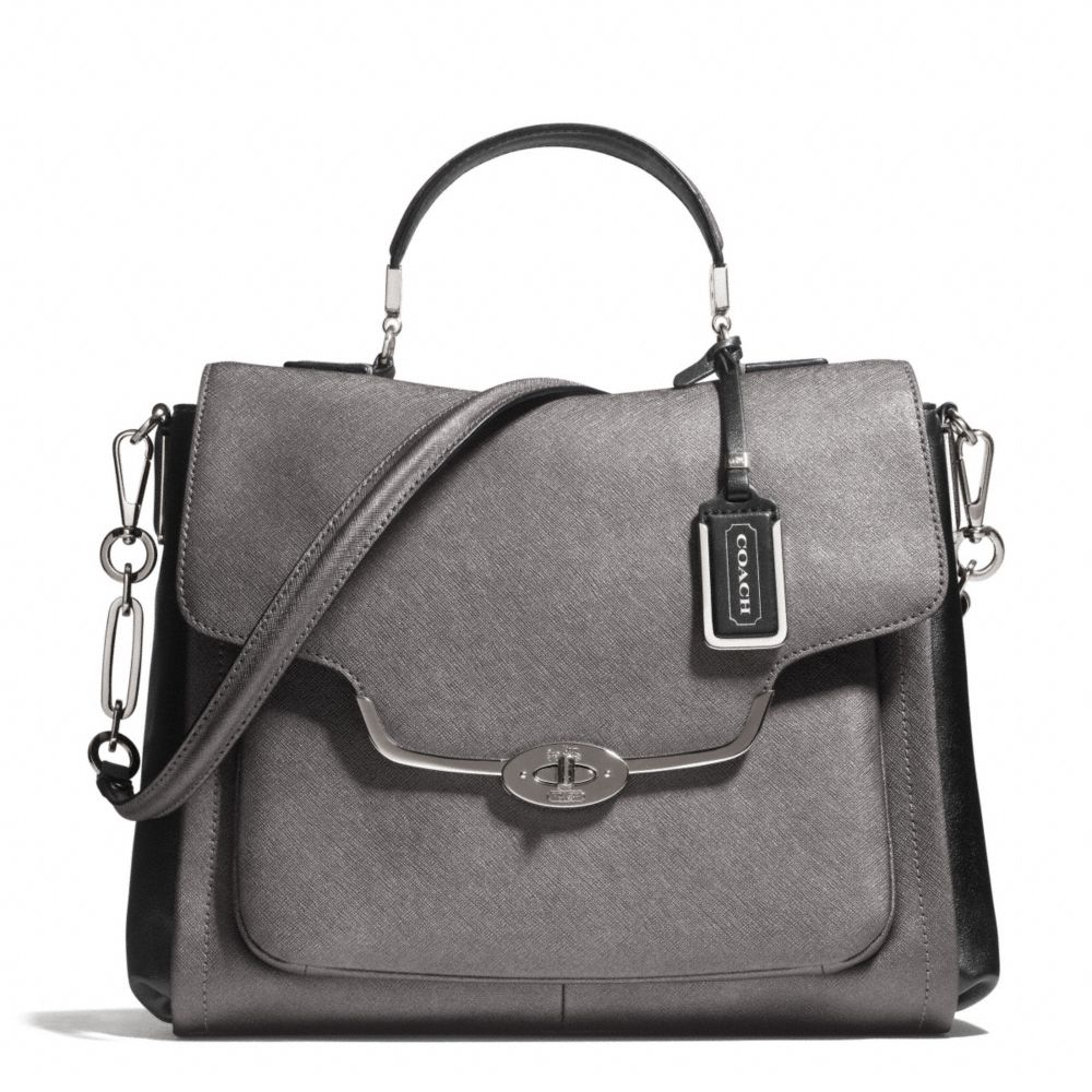 COACH Madison Sadie Flap Satchel in Spectator Saffiano Leather in Gray