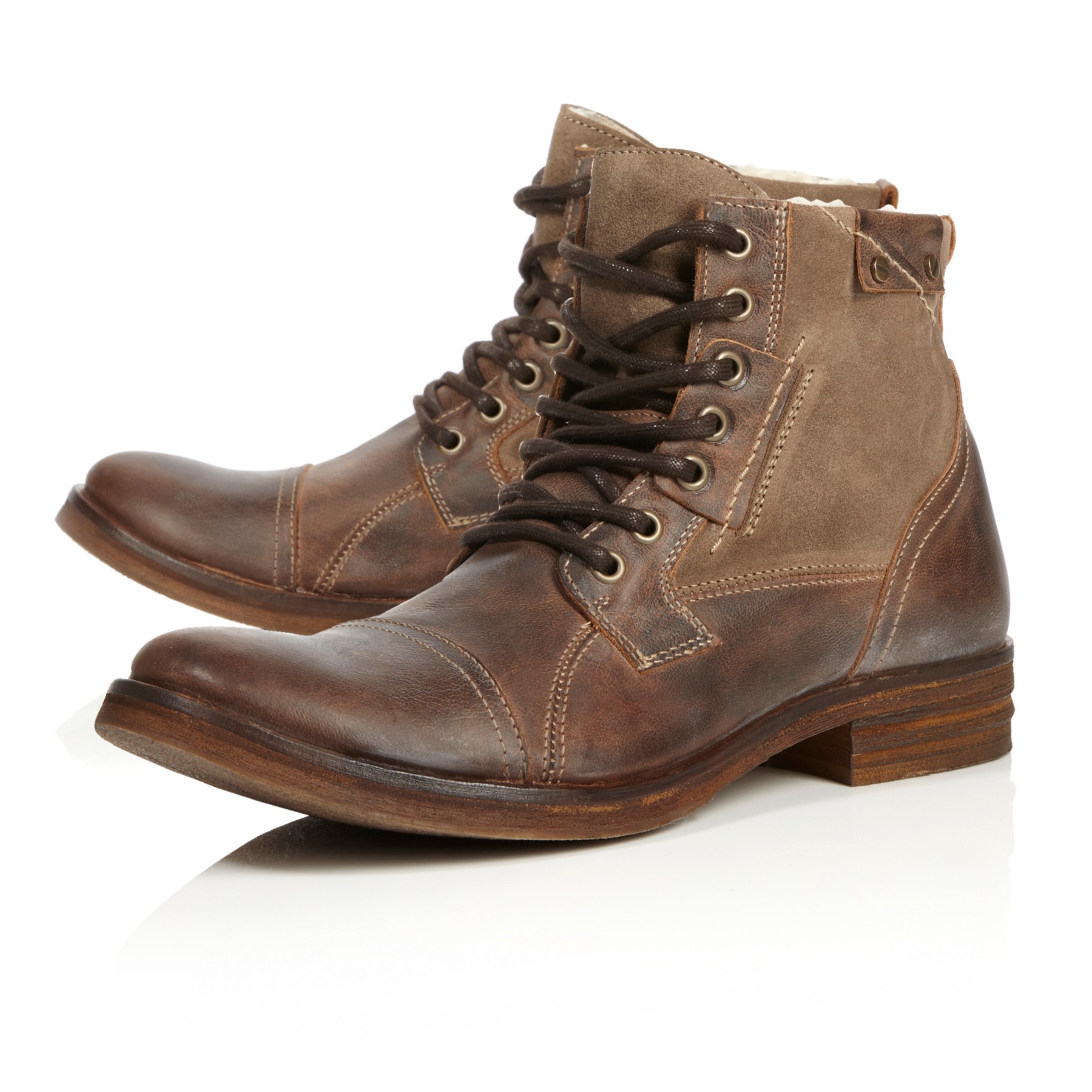 dune flat lace up boots in tan leather
