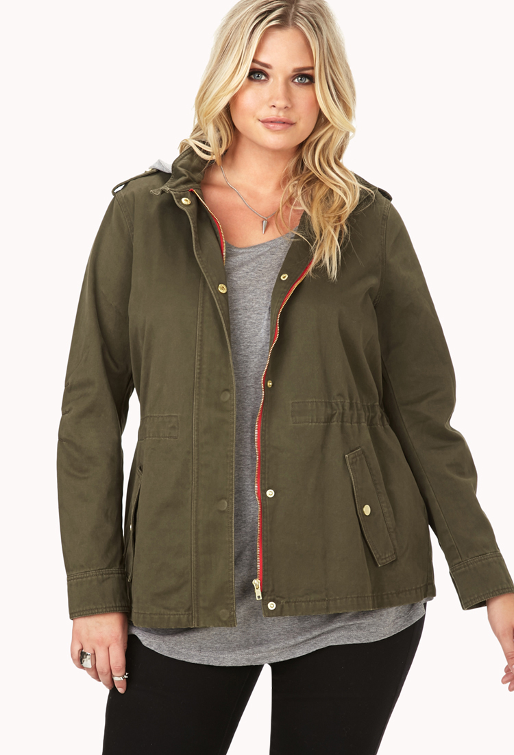 Forever 21 Plus Size Darling Hooded Utility Jacket in Olive/Grey (Green) - Lyst