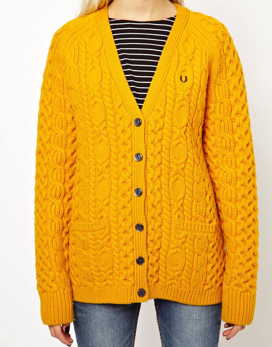 Fred Perry British Knitting Aran Cardigan in Yellow | Lyst