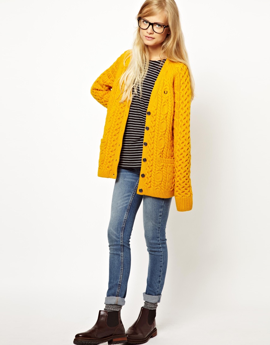 Fred Perry British Knitting Aran Cardigan in Gold (Yellow) | Lyst