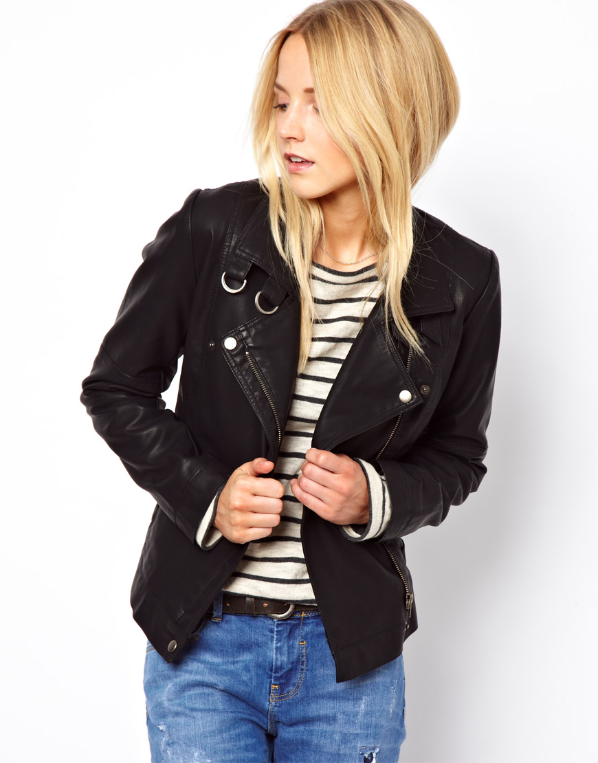 Lyst French Connection Leather Look Biker Jacket in Black