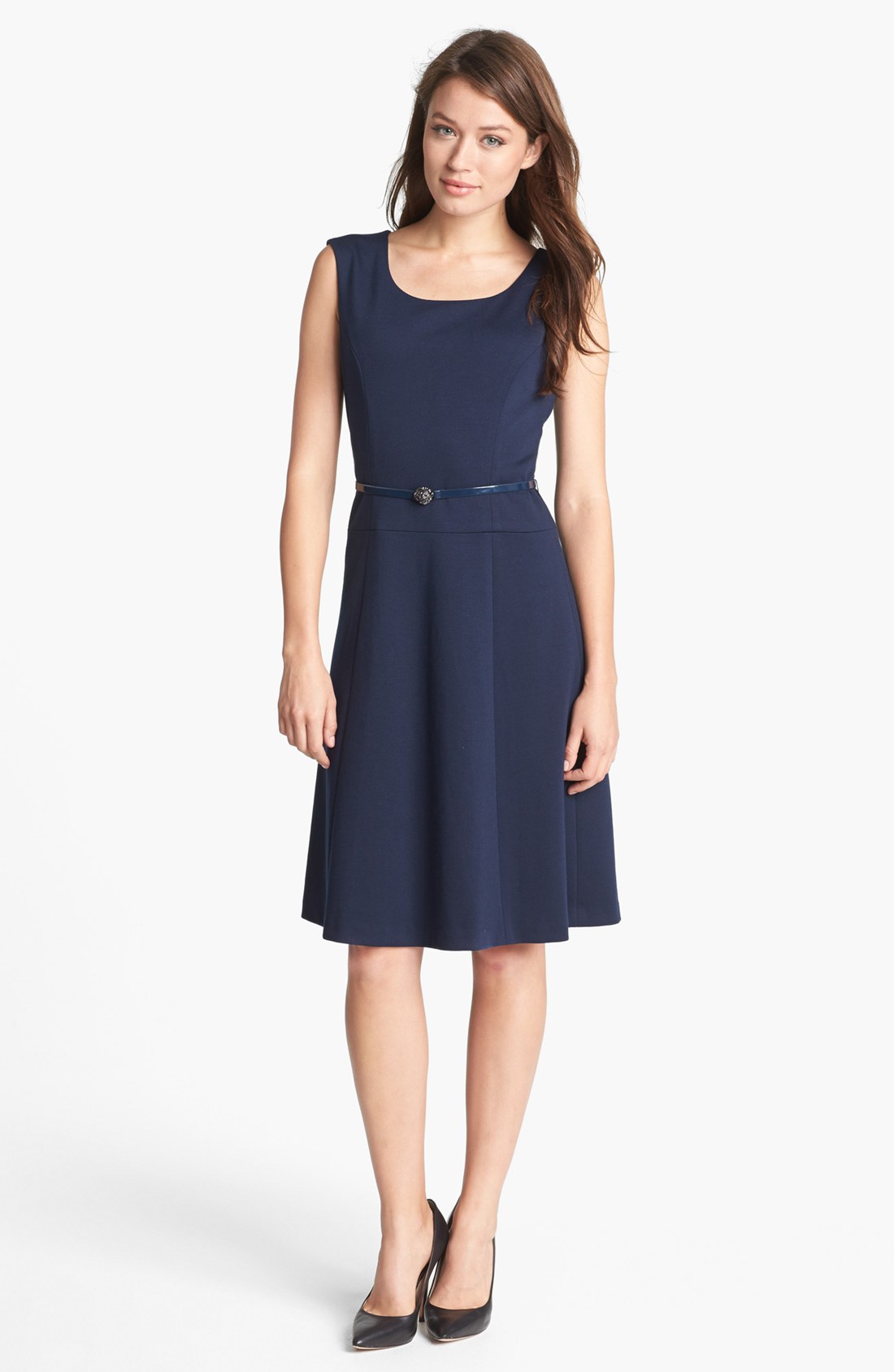 Anne Klein Belted Fit Flare Dress in Blue (Midnight) Lyst