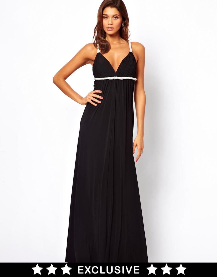 Forever Unique Plunge Neck Maxi Dress with Crystal Rope Straps in Black |  Lyst