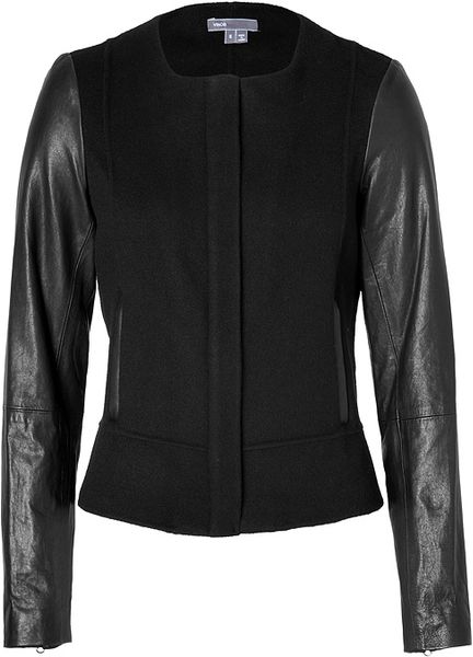 Vince Wool Jacket With Leather Sleeves In Black in Black | Lyst