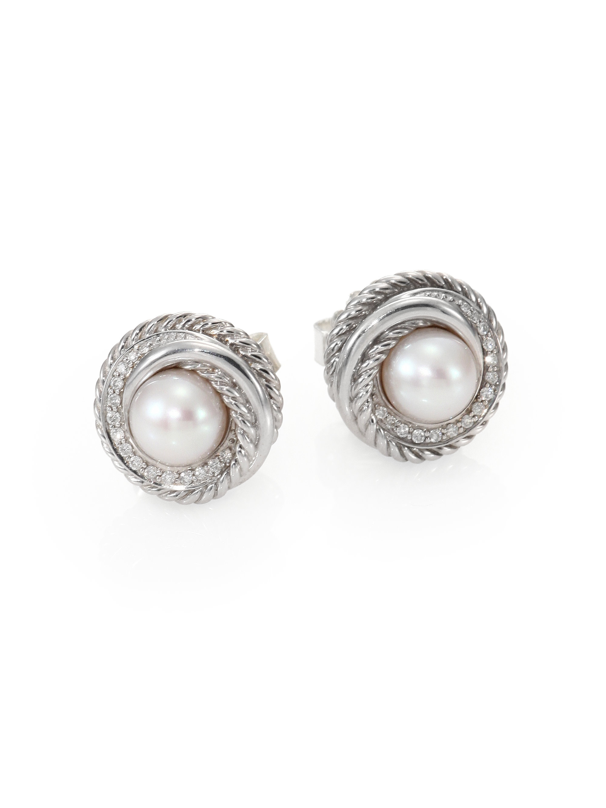 David Yurman 6mm7mm Pearl Diamond Sterling Silver Button Earrings in ...