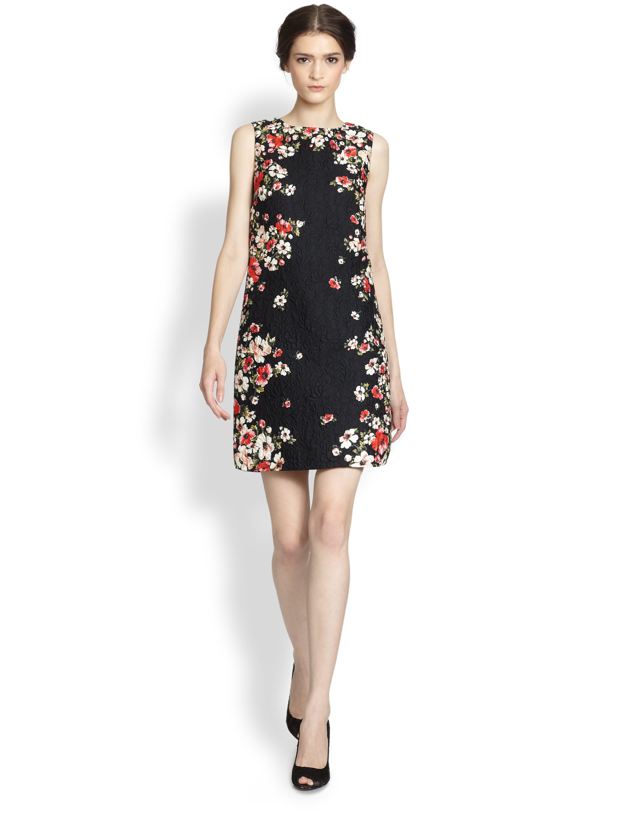 Floral Jacquard Shift Dress with Jeweled Neckline | Adrianna Papell Floral Jacquard Shift Dress with Jeweled Neckline | Adrianna Papell